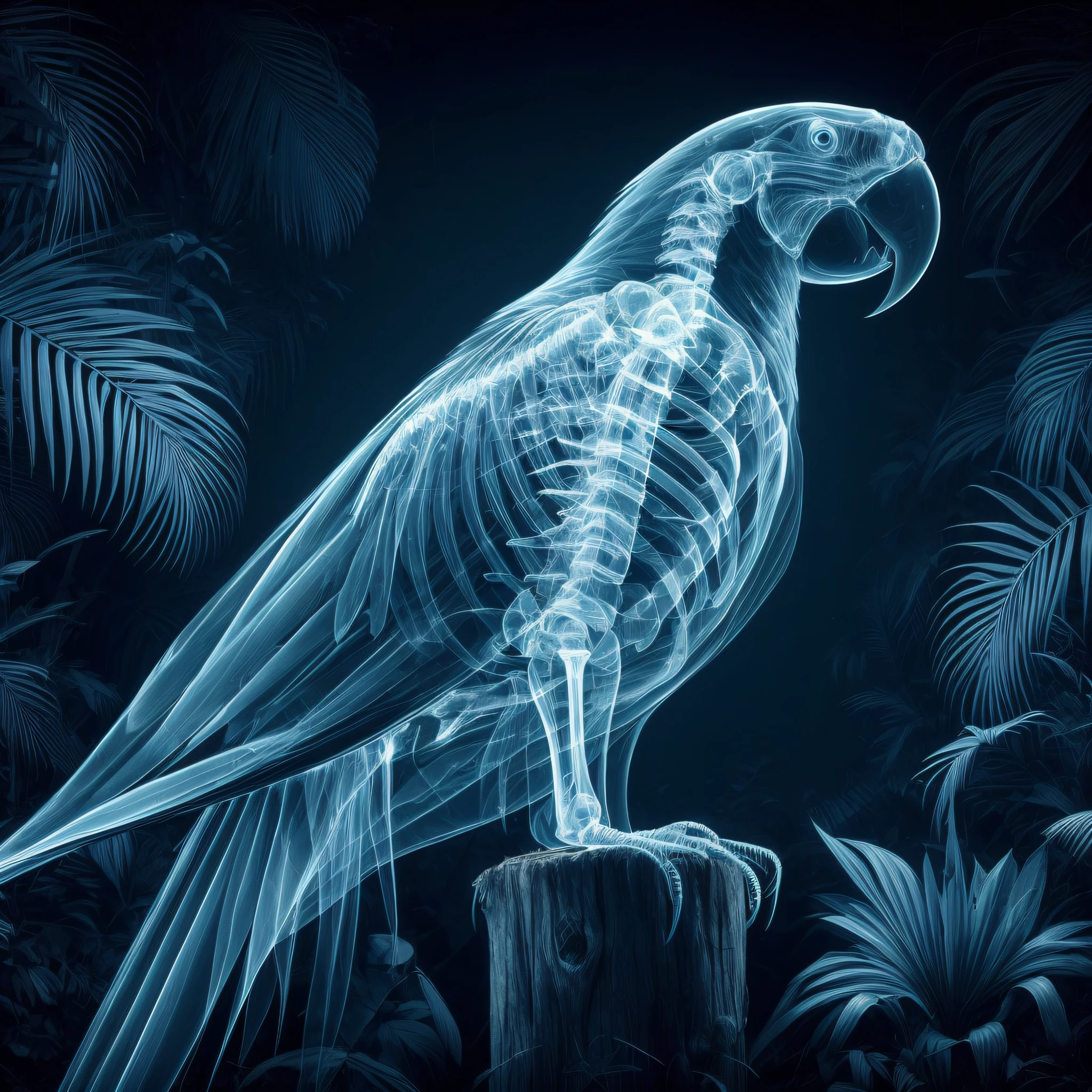 x-ray photograph of a parroy perched on a tree stump