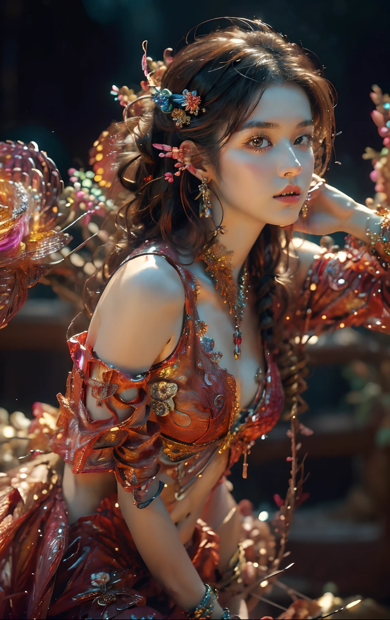 1girl, solo, flower field, blossom, (white smoke:1.3) (photorealistic:1.4), mandala, entangle, official art, unity 8k wallpaper, ultra detailed, beautiful and aesthetic, masterpiece, best quality, (dynamic angle:1.4), glowing skin, (floating colorful sparkles:1) the most beautiful form of chaos, elegant, a brutalist designed, vivid colours, romanticism depth of field exotic_dance,((London Background))