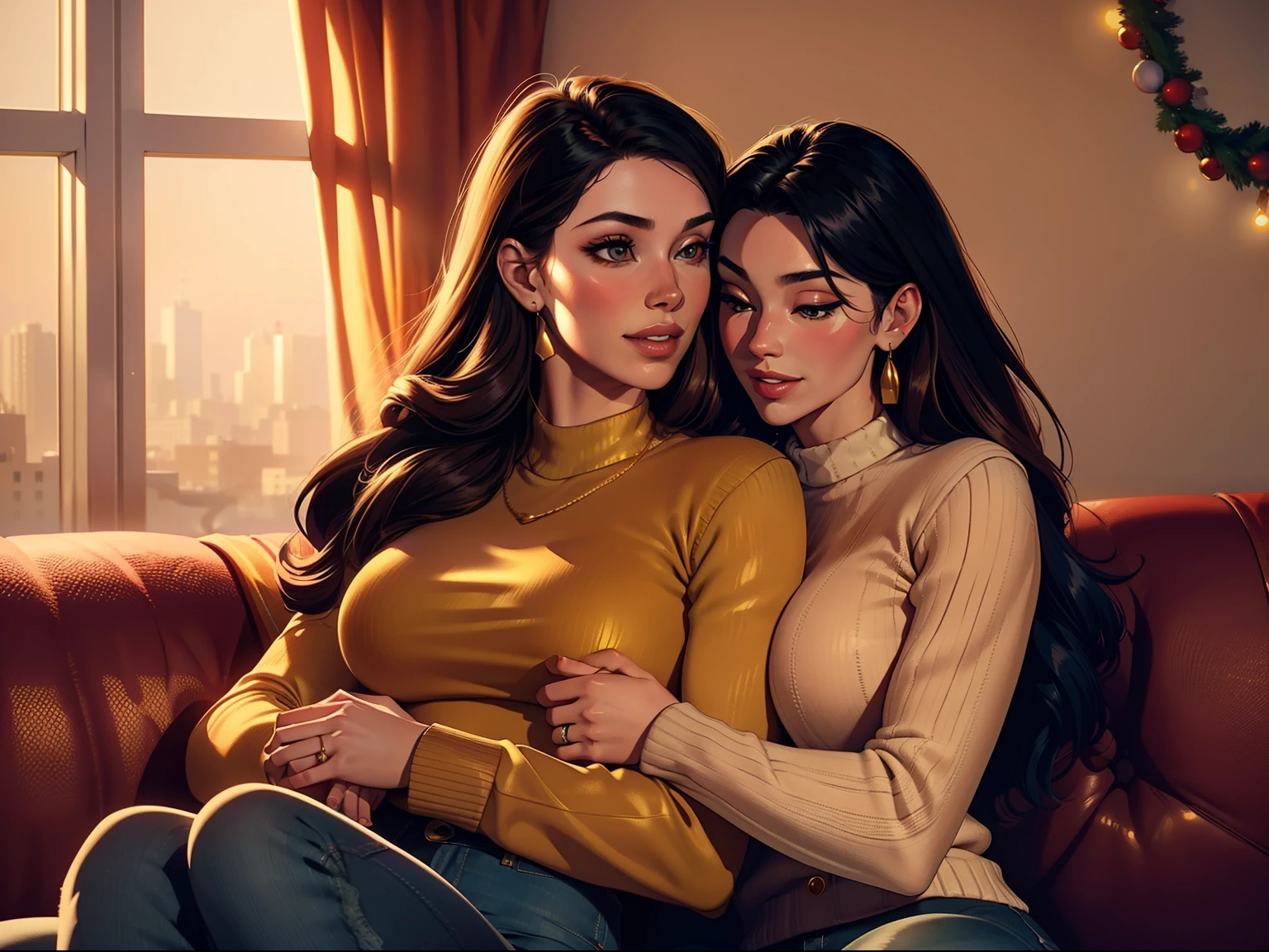 One Handsome Chad hugging three beautiful bitches tackling him and touching him,  dressed in Christmas-colored sweaters and buttoned-shirts and skirts and jeans, perfect sexy bodies, women: beautifully textured ong flowing hair, revealing clothing, seductive, materials, golden hour, , jewelry, golden hour, photorealistic, masterpiece, in love, grins, perfect faces, Flirtatious, setting: a living room sofa, Christmas decorations, harem, watercolor, cinematic 8k professional photograph with raytracing and subsurface scattering and backlighting