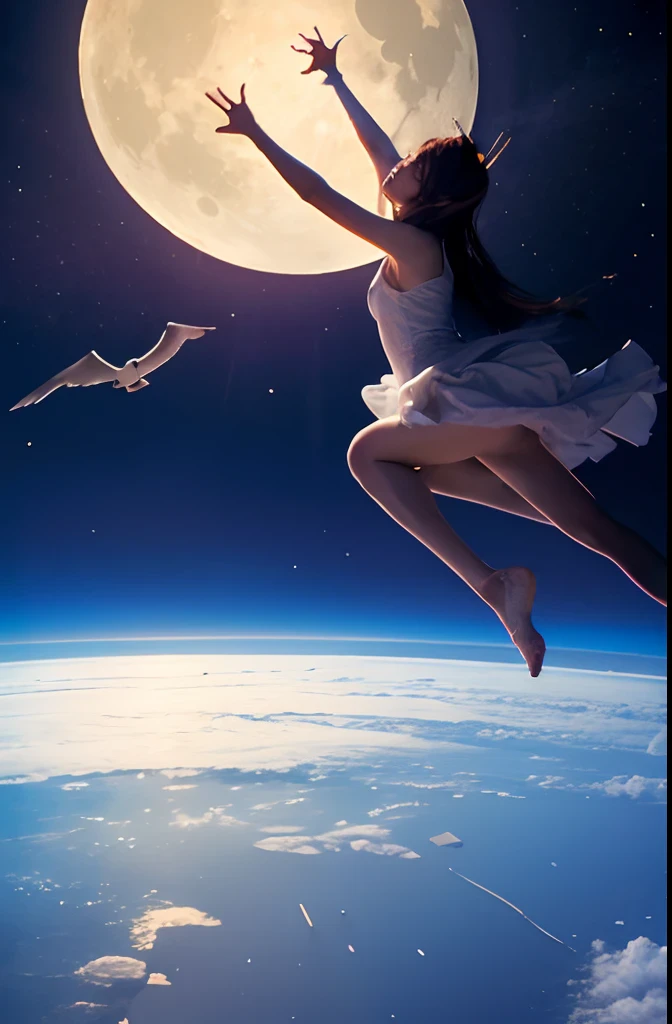 Unreal world、Big Ben is located in the lower left corner、Shooting from a height、natta、a moon、Heavenly Maidens are flying in the sky