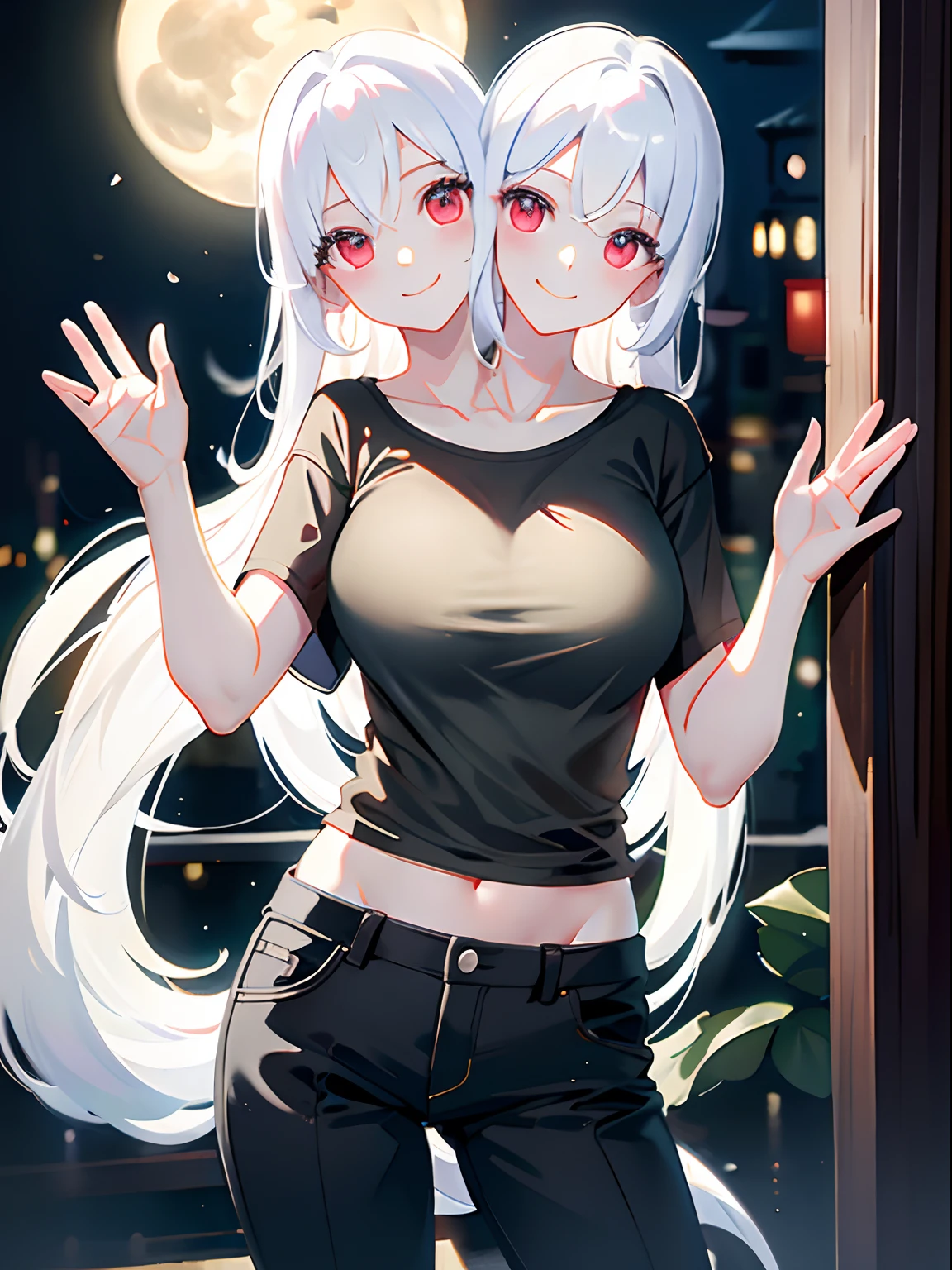 (masterpiece, best quality), best resolution, (2heads:1.5), 1girl, jingliu, ghost, translucent body, shy, white hair, shy smile, black t-shirt, tan pants, waving at the viewer, at night, moonlight, dark environment