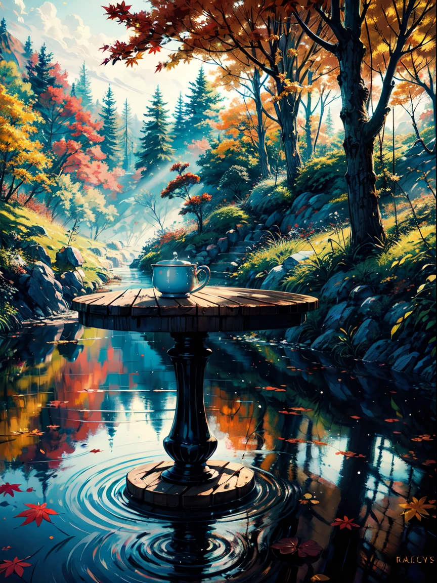 Digital painting,aesthetic,maple leaf,coffee mug,table,ghibli style,high quality,realistic colors,vibrant lighting,cozy ambiance,autumn vibes,nature-inspired,crisp details,subtle textures,dreamlike atmosphere,peaceful setting,artistic composition,calming colors,soothing tones,meticulous craftsmanship,warm color palette,serene mood,perfectly portrayed reflection,delicate brushstrokes,soft lighting,inviting scene,ethereal beauty,magical touch,nostalgic feel,whimsical elements,tranquil ambiance,subtle gradients,sublime artwork,aesthetic delight,attention to detail,impressive clarity,naturalistic shadows,rich textures,subdued color palette,cozy corner,ethereal glow,gentle warmth,timeless style