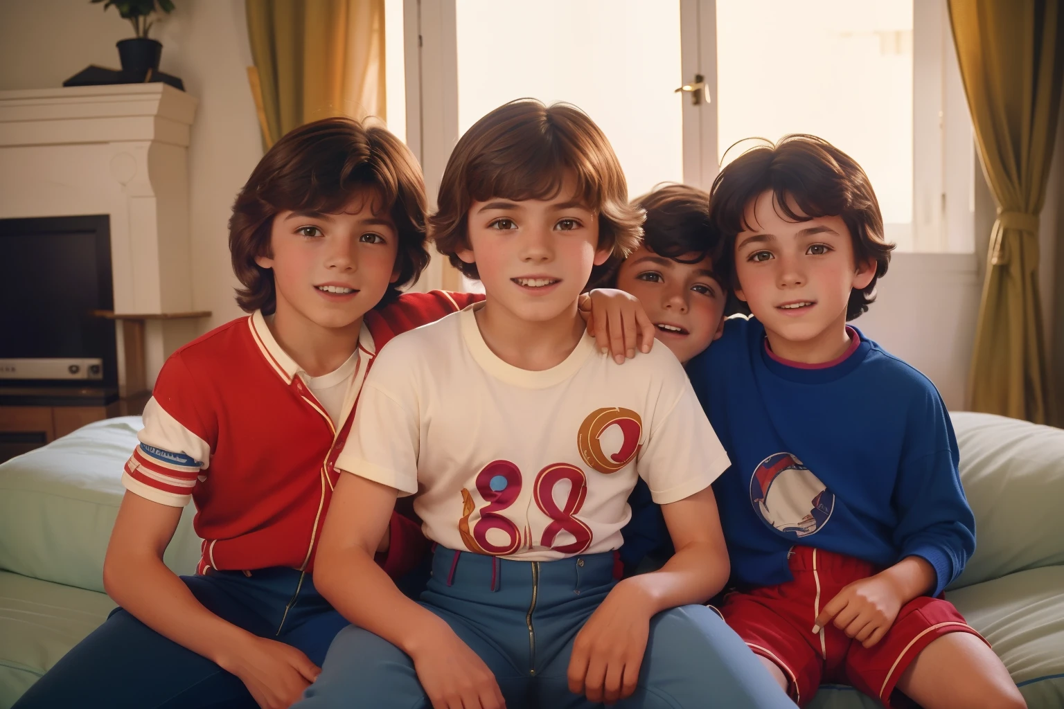 Location: Northern Spain. Pre-Raphaelite scene with three 12-year-old ((boys)), playing fight, at home, smiles, ((((Clothing from the 1980s)))) ((Hairstyle of the 1980s)), ((("OMITB" cinematography)))