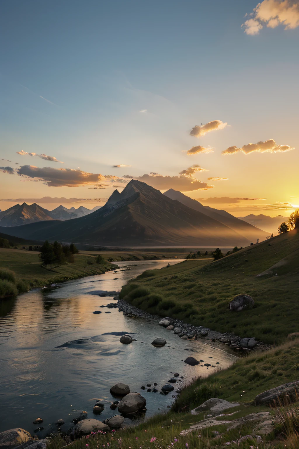 horizon, sunrise, mountain top, single tree, flowing river, rocks and grass field