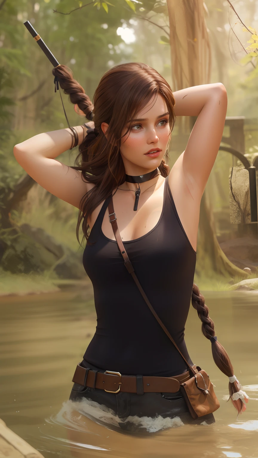 photo of Lara Croft with long brown hair, open hairs and a black choker, bow on back(high detailed skin:1.2), 8k uhd,