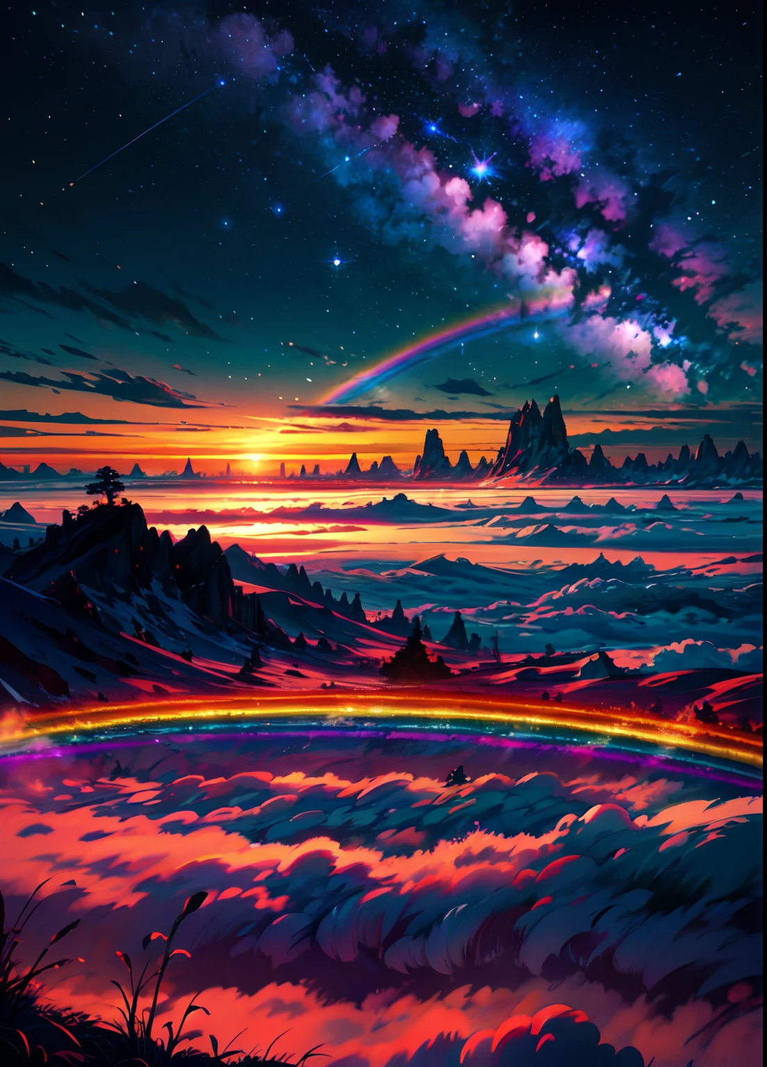 The image depicts a breathtaking otherworldly scenery that is nothing short of magical. It appears to be taken from high above the clouds, as the viewer is presented with a stunning panoramic view of the vast expanse of the sky. The stars twinkle and glimmer, creating a mesmerizing spectacle that is truly awe-inspiring. A colorful rainbow is also visible in the distance, adding a pop of vibrant hues to the otherwise serene and tranquil atmosphere. The sun shines brightly, casting a warm and welcoming glow over the entire scene. Overall, this image is a symphony of colors, light, and beauty that transports the viewer to another world entirely.