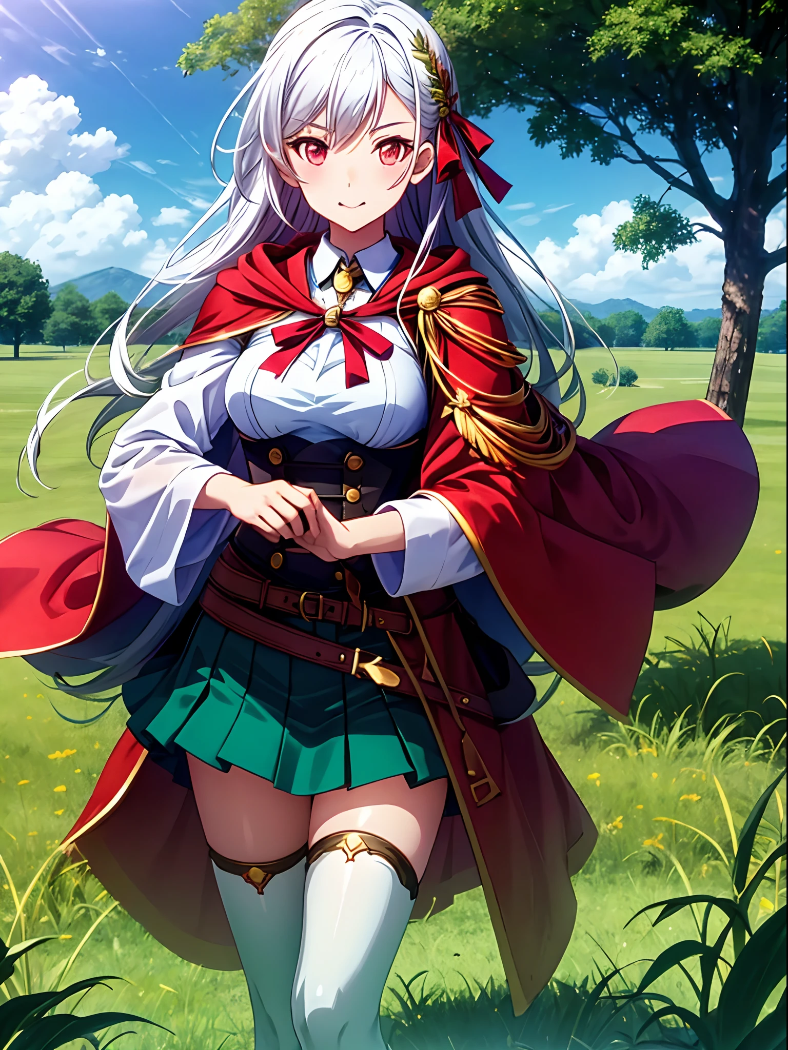 hight resolution、Inglis Yukes,独奏,[Attractive eyes、radiant eyes:1.25]、grass field、[8k picture:1.15],A detailed eye、Red Eyes、Anime character in green and red costume, white  shirt、red cloak、Green skirt、White tights、Red ribbon at collar., white hair girl, A cute girl no matter who looks、top-quality、 [3D images:1.15]