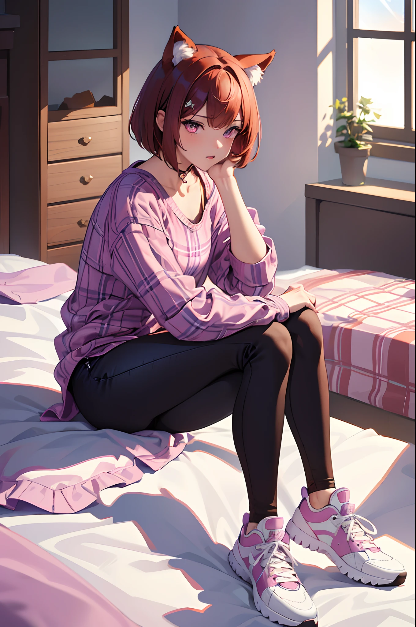 ((masterpiece, best quality, high resolution)), 1female, short hair, auburn hair, pink eyes, wolf ears, purple plaid shirt, black jeans, purple sneakers, tan skin, bedroom, mature, sitting