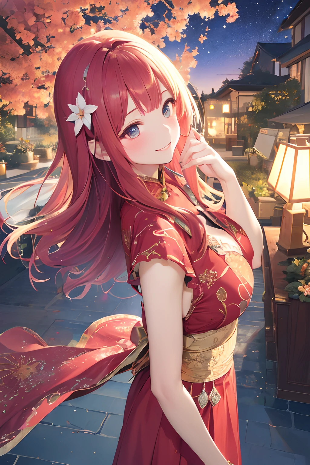 (((Lily Garden at Night,Woman in gorgeous red dress with lily flower motif,Clothes with lily pattern,lensflare,crepuscular rays,Lily hair ornament,Lily Piercing,lily flowers,,Beautiful starry sky,Big Moon))),((独奏,stroll)),((masutepiece,FULL BODYSHOT,Angle from above,Wide background,Far angle)),Beautiful detailed skin,Perfect human anatomy,perfect hand,beautiful boob,saggy tits,portrait of a beautiful woman,Perfect face,(Cute smile,Bright smile),Cute look,Cute emotions,Think,(blush),enticing lips,Perfect eyes,Cinematic scene,Cinematic,fulcolor,4K,8K,Raw photo,Studio portrait,professionally color graded,Professional Photography,(an extremely delicate and beautiful art)1.3,Elegant,Active Angle,Soft light,Lens Glow,soft clean focus,Realistic lighting and shading,Best Quality,top-quality,hight resolution,(1girl in:1.3)