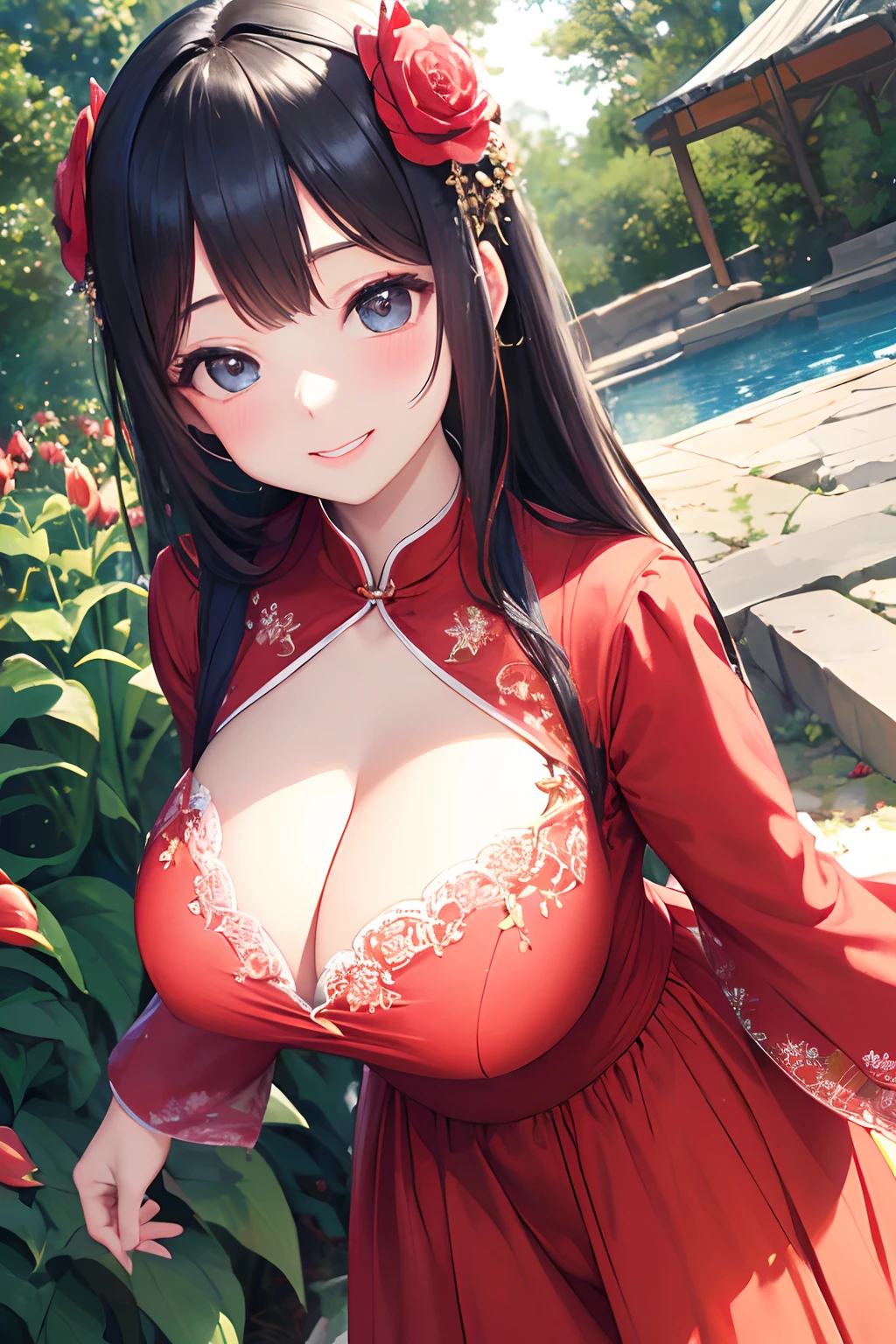 (((Lily Garden at Night,Woman in gorgeous red dress with lily flower motif,Clothes with lily pattern,lensflare,crepuscular rays,Lily hair ornament,Lily Piercing,lily flowers,,Beautiful starry sky,Big Moon))),((独奏,stroll)),((masutepiece,FULL BODYSHOT,Angle from above,Wide background,Far angle)),Beautiful detailed skin,Perfect human anatomy,perfect hand,beautiful boob,saggy tits,portrait of a beautiful woman,Perfect face,(Cute smile,Bright smile),Cute look,Cute emotions,Think,(blush),enticing lips,Perfect eyes,Cinematic scene,Cinematic,fulcolor,4K,8K,Raw photo,Studio portrait,professionally color graded,Professional Photography,(an extremely delicate and beautiful art)1.3,Elegant,Active Angle,Soft light,Lens Glow,soft clean focus,Realistic lighting and shading,Best Quality,top-quality,hight resolution,(1girl in:1.3)