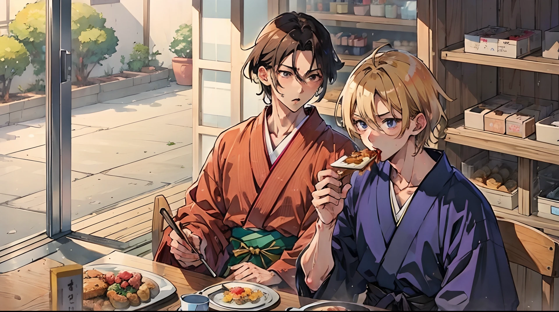 Anime Man Handsome Blonde Yukata Hakama Eat