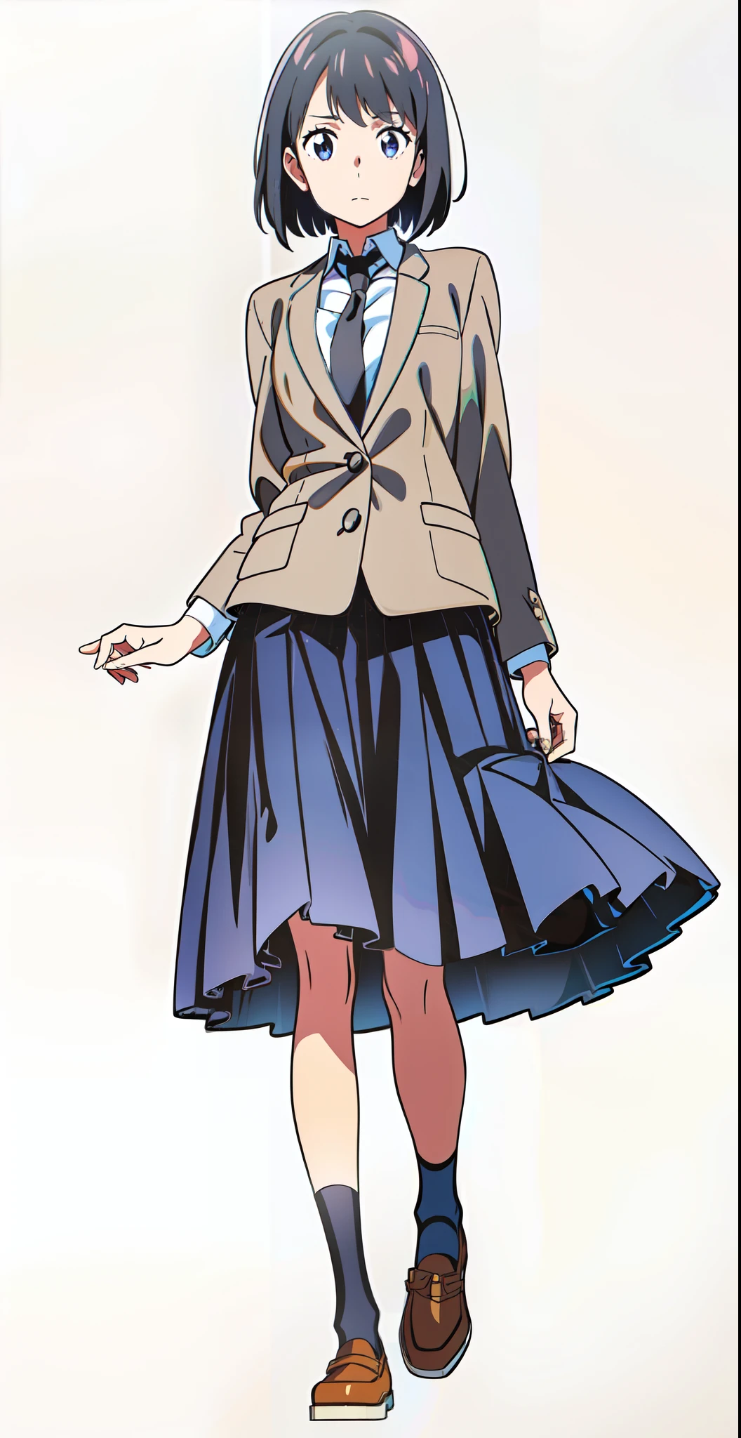 (black skirt:1.5), (anime:1.5), (official art:1.5), (white background:1.0), (best quality:1.0), (masterpiece:1.0), (full body:1.0), (solo:1.0), (a 18yo cute girl:1.0), (long skirt:1.0), (dark blue skirt:1.0), (pleated skirt:1.0), (school uniform beige blazer:1.0), (dark blue necktie:1.0), (black socks:1.0), (loafers:1.0), (ideal ratio body proportions:1.0), (lanky:1.0), (tall:1.0), (slender:1.0), (small breasts:1.0), (smaller face:1.0), (tareme:1.0), (detailed beautiful eyes:1.0), (detailed beautiful face:1.0), (glowing black eyes:1.0), (bob cut hair:1.0), (black hair:1.0)