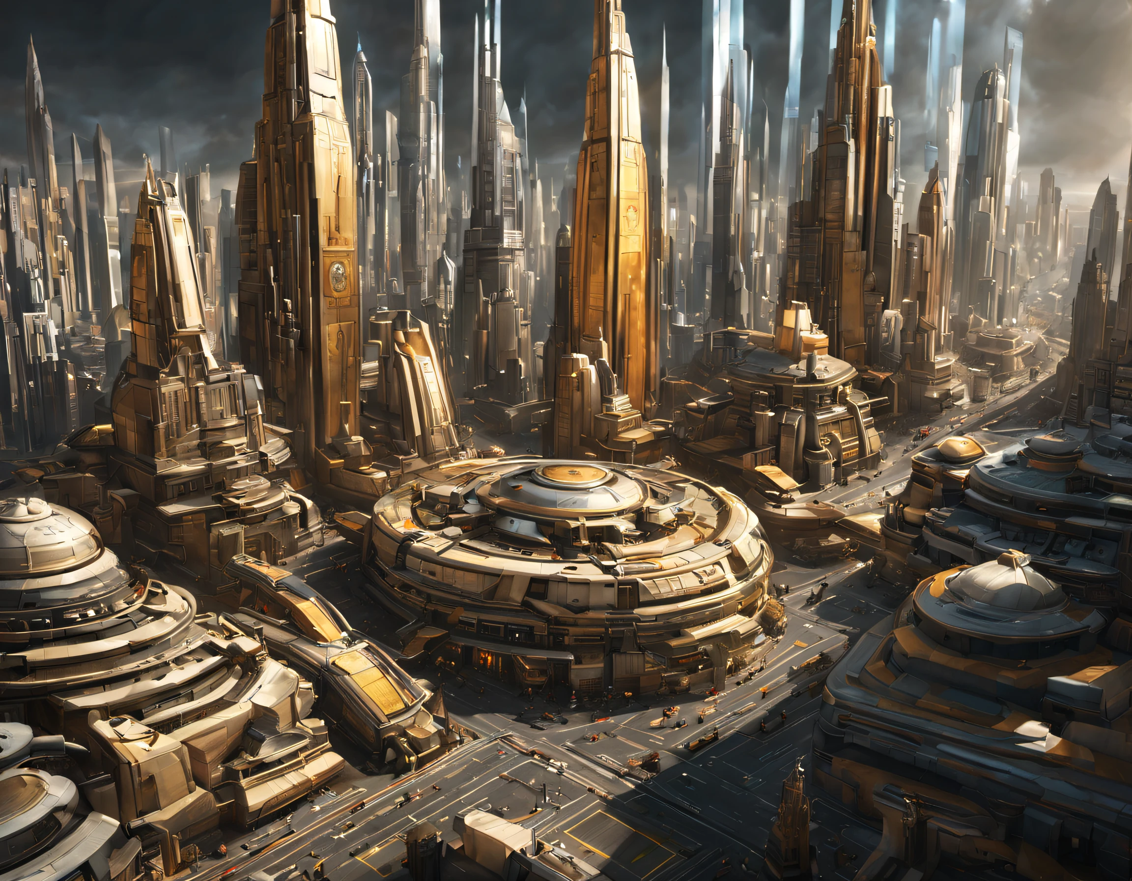 The city of Coruscant from Star Wars as designed by Doug Chiang, futuristic fantasy city with immense buildings of technological design (que forman una avenida infinita), edificios compactor no difuminados, con estructuras acristaladas en plata, oro y bronce espectaculares, (con colores vivos). pavimento ensolado (sin brillo). gente paseando. imagen bien definida con muchos edificios juntos. imagen nitida bien definida 8k. los edificios llegan alta el fondo.,8k. imagen cinematografica. ambiente soleado amarillo-anaranjado. (intrincados detalles de la maquina).