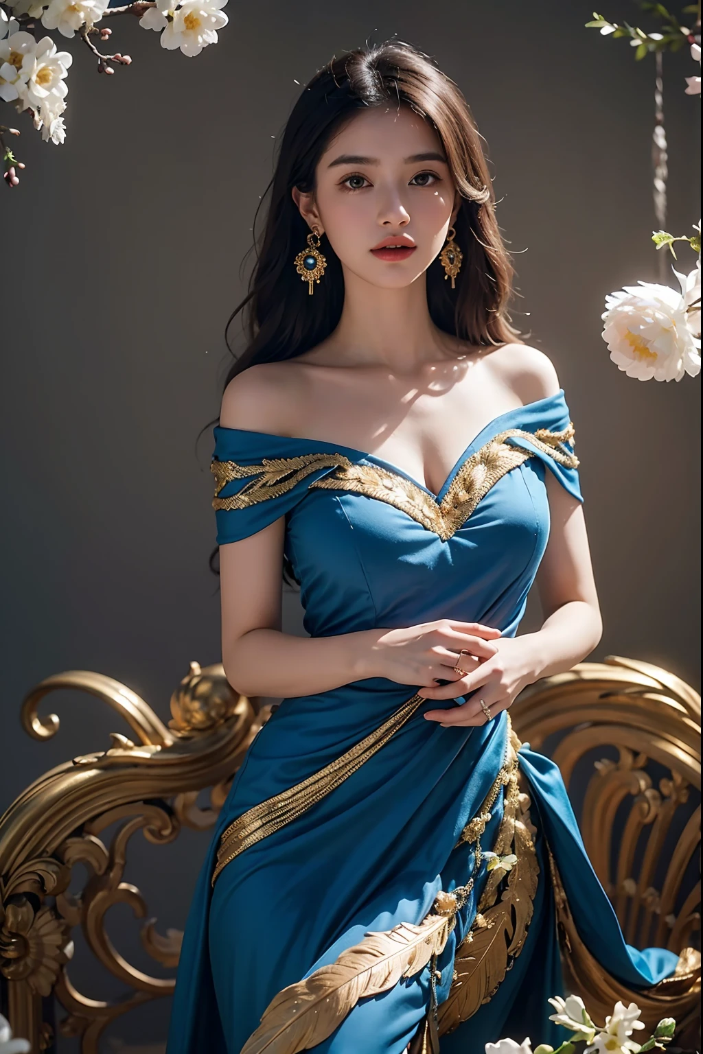 A Girl,huge breasts,Off Shoulder,golden hair,Colored Feathers,Metal Ornaments,colored flowers,Particles,rays of light,(masterpiece, top quality, best quality, official art, beautiful and aesthetic:1.2), (1girl:1.3), extremely detailed,(fractal art:1.1),(colorful:1.1)(flowers:1.3),highest detailed,(zentangle:1.2), (dynamic pose), (abstract background:1.3), (shiny skin), (many colors:1.4), ,(earrings:1.4), (feathers:1.4)