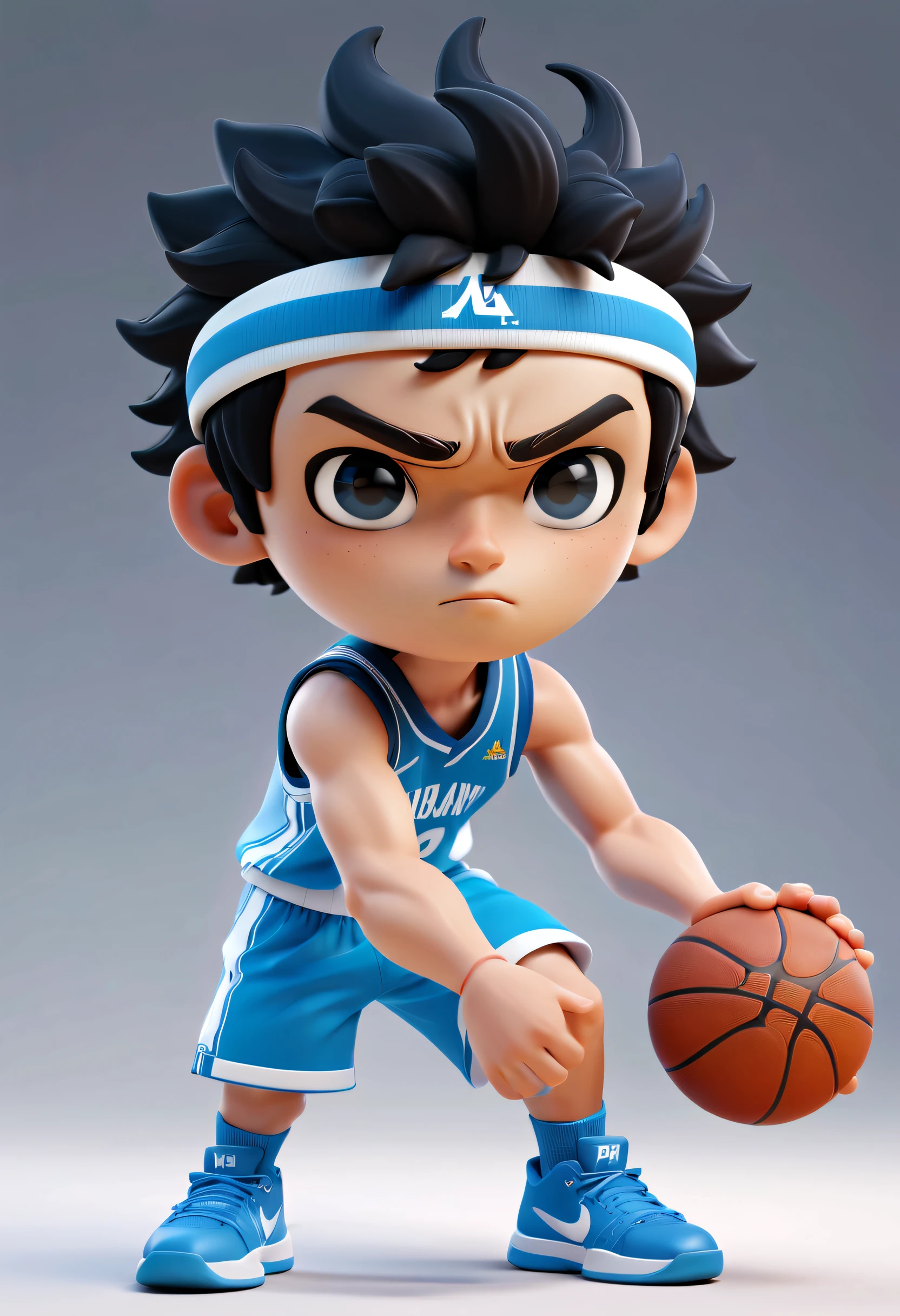 Asian Youth's illustration,（ David is a 20 year old male, black hair, blue basketball top, white basketball shorts, sports sweatband on forehead, ）small black eyes, no glasses, white blackground, hd mod, glowwave, simple, 3d, blender, oc render, in by pop mart, blind box toy, hyper detail, c4d, 8k, uhd，MG_ip，pixar