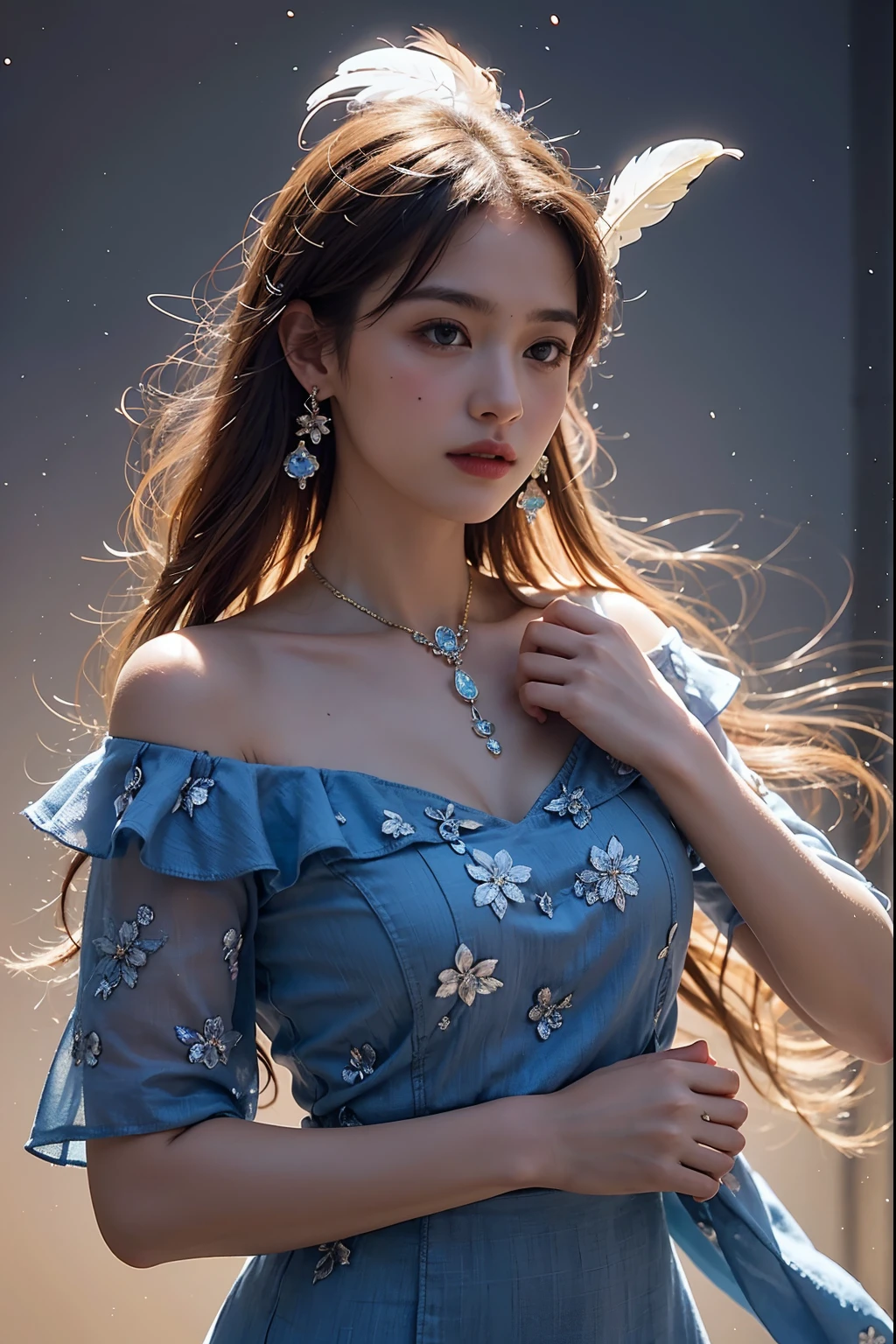 A Girl,huge breasts,Off Shoulder,golden hair,Colored Feathers,Metal Ornaments,colored flowers,Particles,rays of light,(masterpiece, top quality, best quality, official art, beautiful and aesthetic:1.2), (1girl:1.3), extremely detailed,(fractal art:1.1),(colorful:1.1)(flowers:1.3),highest detailed,(zentangle:1.2), (dynamic pose), (abstract background:1.3), (shiny skin), (many colors:1.4), ,(earrings:1.4), (feathers:1.4)