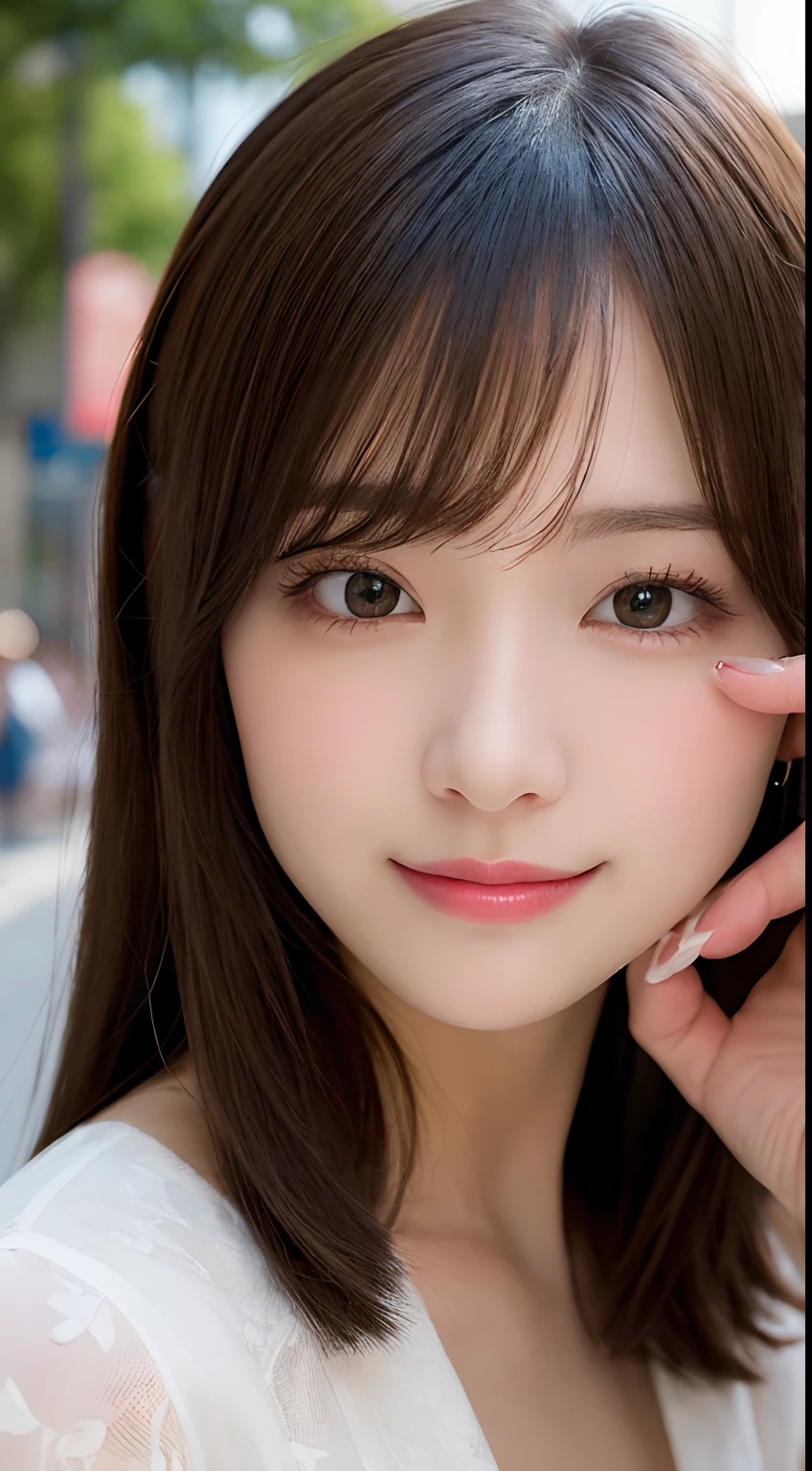 Tabletop, highest quality, shape, Very detailed, finely, High resolution, 8k wallpaper, 完璧なダイナミックな構shape, Beautiful and exquisite,ランダムなcute髪,,Natural color lip、20-year-old girl、cute、Looking into the camera,Always blur the background,Perfect and beautiful face,Slim face and figure,Big eyes、Putting on gal makeup,Small face,Shooting from below、Blurred Background,Elegant feminine face、Cyberpunk Fashion、smile、Change pose randomly、Randomly change the shooting angle and position、one person、ta Fashion、Cinderella