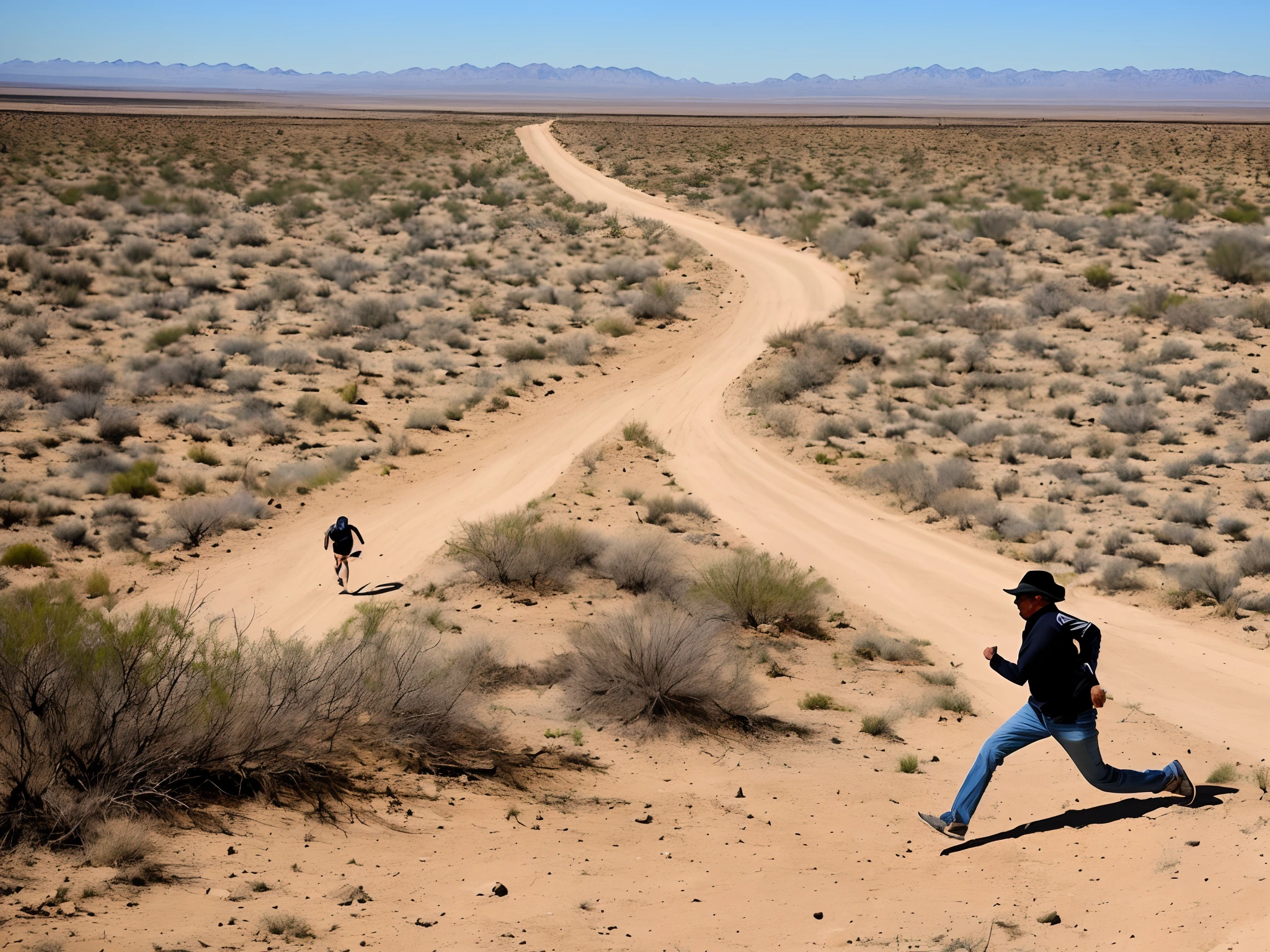 Mexican running from border patrol in a desert near a big wall
