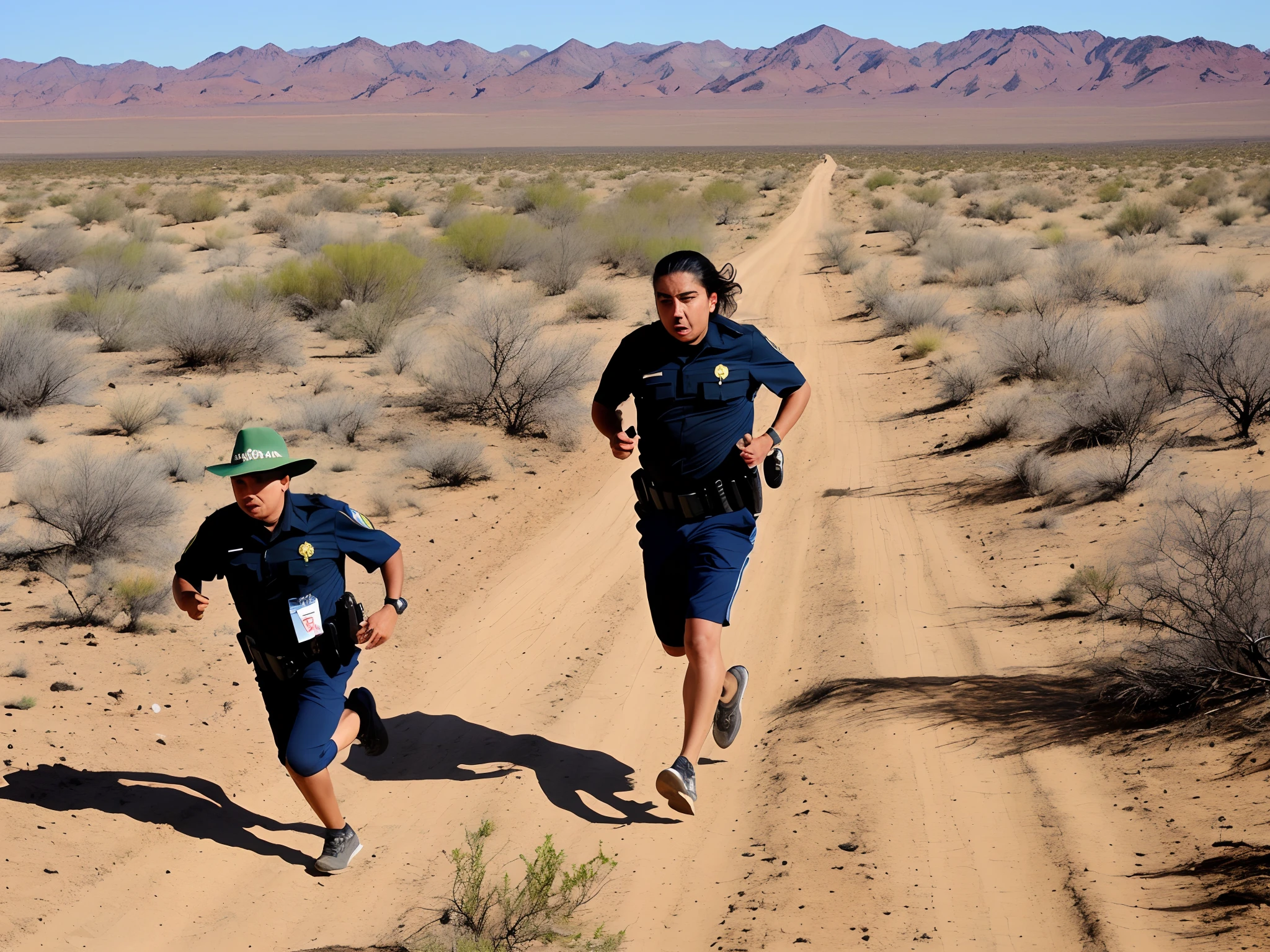 Mexican running from border patrol in a desert near a big wall