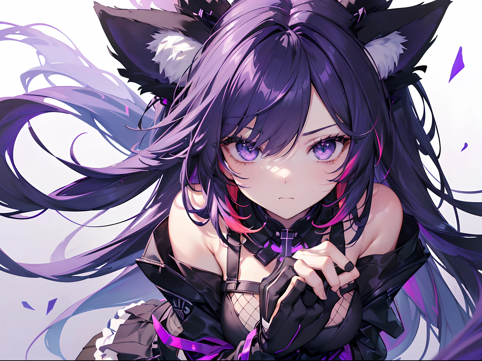 masterpiece, best quality, super fine illustration, perfect anatomy, perfect eyes, correct anatomy, perfect proportion, perfect face, perfect hands, perfect legs, perfect fingers, perfect hands, professional lighting, best quality, ultra detailed, extremely delicate and beautiful, 4k, 8k,,1girl, fox girl, (((multicolored hair:1.2)(white 1.2)(purple  1.2), fox ears, long Hime hair, fox tail, black combat gear, black skirt, fishnet, cute expression, perfect skull ribbon, lavender eyes, close up ,fit to frame, solid green background, masterpiece, best quality, super fine illustration, perfect anatomy, perfect eyes, correct anatomy, perfect proportion, perfect face, perfect hands, perfect legs, perfect fingers, perfect hands, professional lighting, best quality, ultra detailed, extremely delicate and beautiful, 4k, 8k,,1girl, cyber fox ears, cyber fox tail, cute face, gothic cross ear rings, black combat suit, purple hair and black hair, layered hair, black skirt, fishnet stockings, lavender eyes