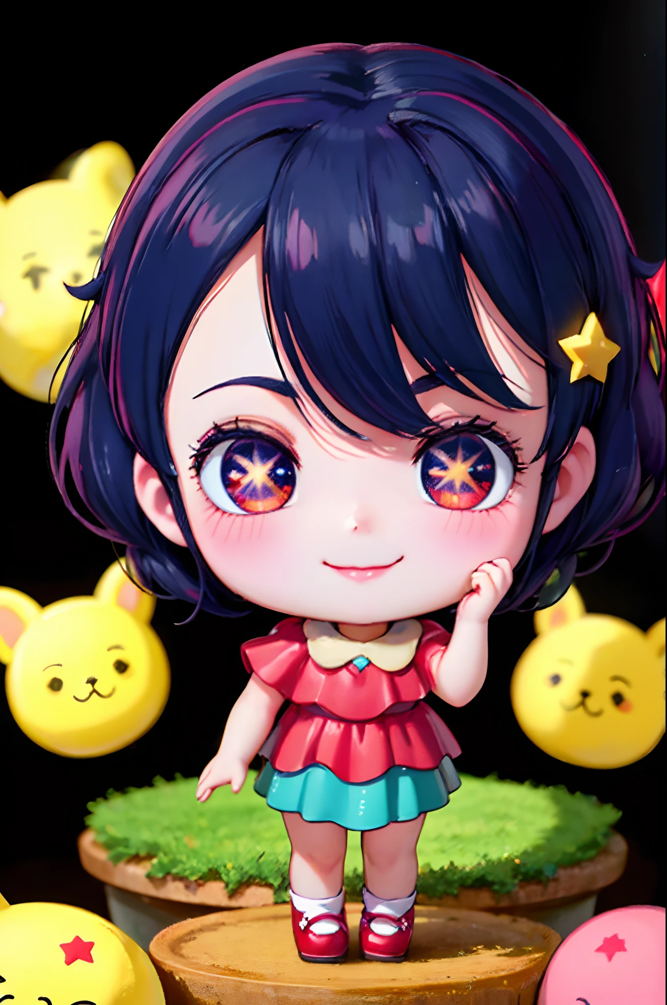((top-quality))、 ((​masterpiece))、Place one small doll on a circular stand、kawaii pose、A smile、A dark-haired、Chibi Doll、Stars in the eyes（kirakira）、Raise your right hand、Eye Up、Laugh、Cute red shoes、Ultra Detail, radiant light、bio luminescent、Taken from the side、Stronger bokeh effect