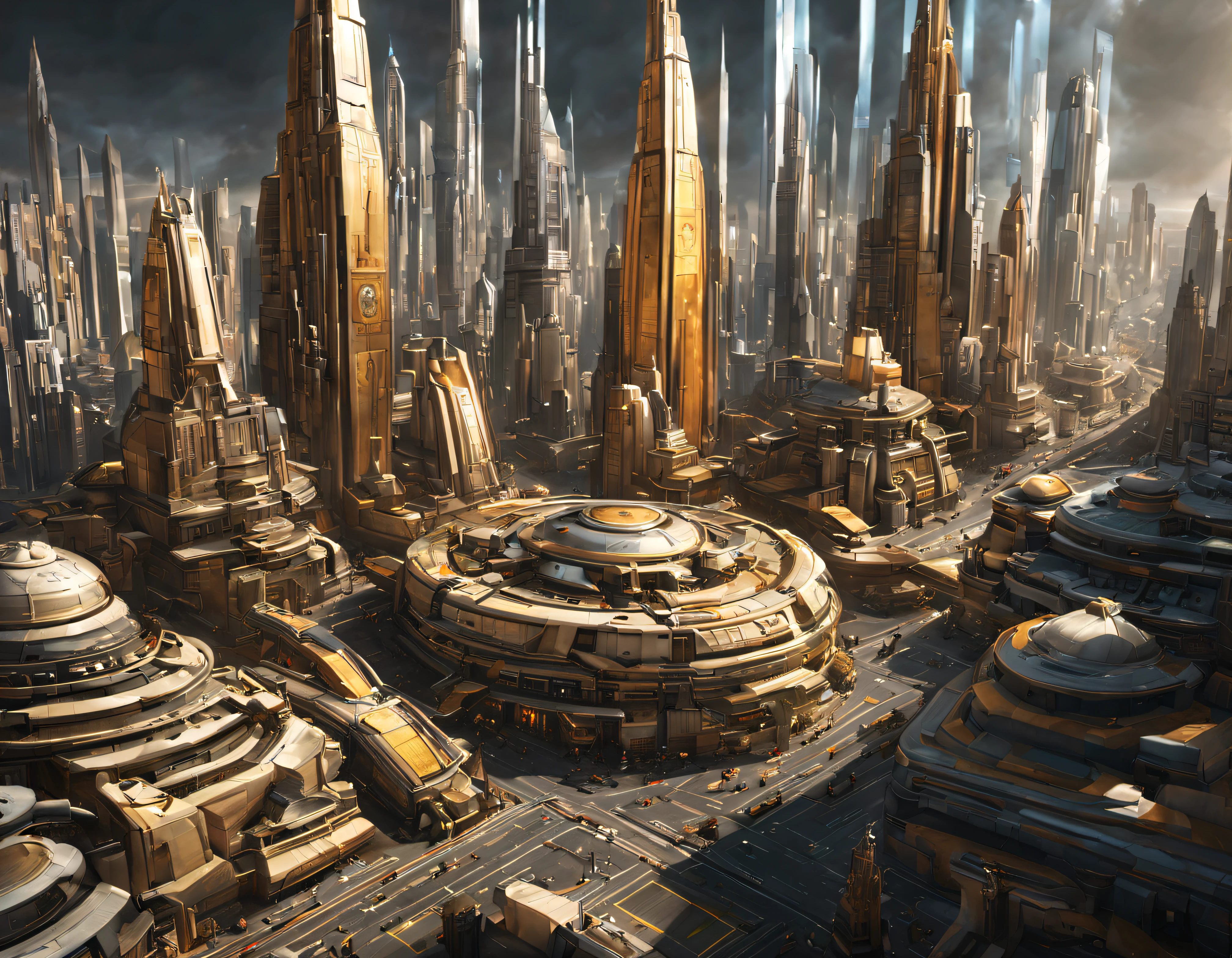 The city of Coruscant from Star Wars as designed by Doug Chiang, futuristic fantasy city with immense buildings of technological design (que forman una avenida infinita), edificios compactor no difuminados, con estructuras acristaladas en plata, oro y bronce espectaculares, (con colores vivos). pavimento ensolado (sin brillo). gente paseando. imagen bien definida con muchos edificios juntos. imagen nitida bien definida 8k. los edificios llegan alta el fondo.,8k. imagen cinematografica. ambiente soleado amarillo-anaranjado. (intrincados detalles de la maquina).