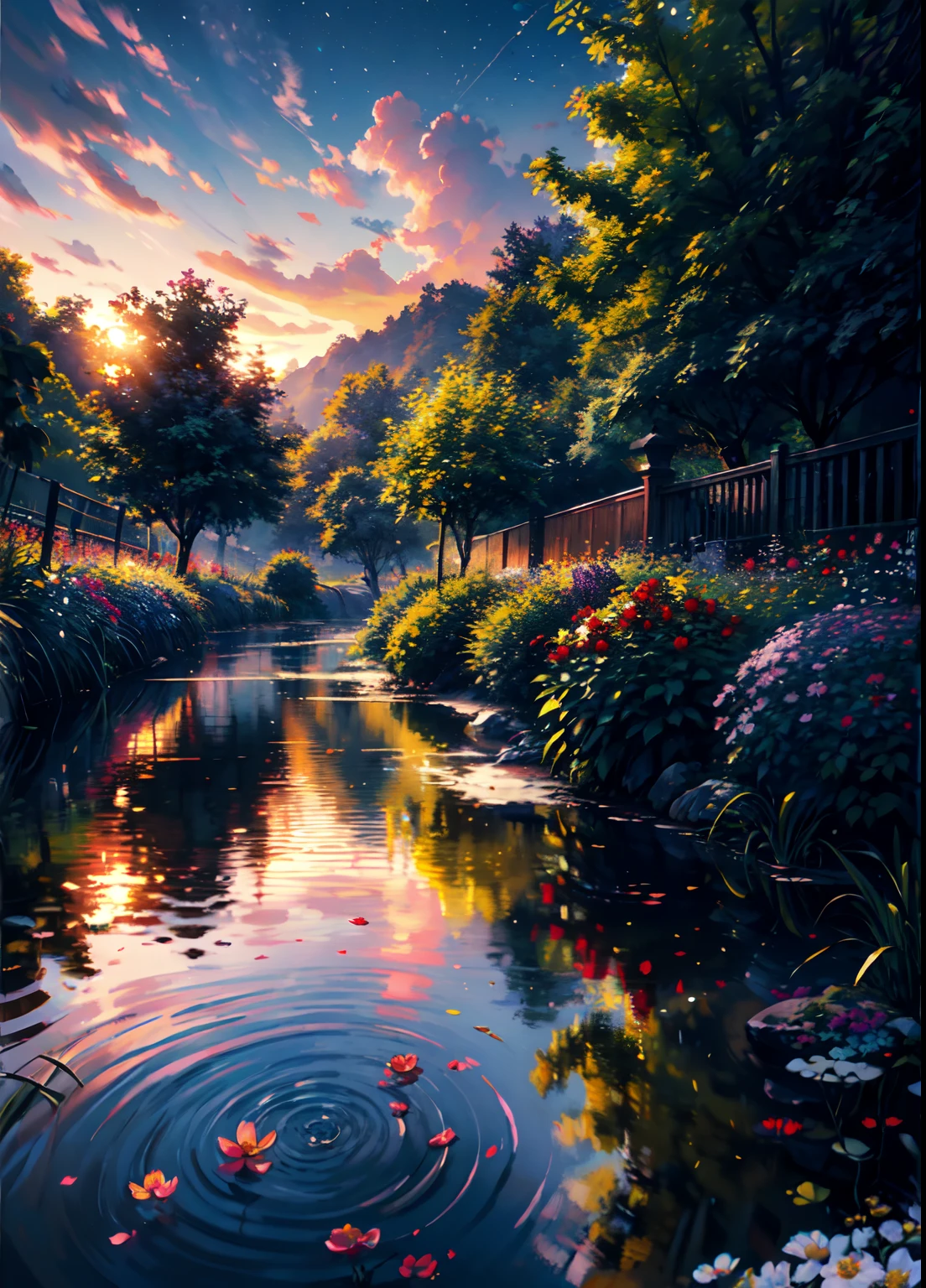(best quality,4k,8k,highres,masterpiece:1.2),ultra-detailed,(realistic,photorealistic,photo-realistic:1.37),HDR,UHD,studio lighting,ultra-fine painting,sharp focus,physically-based rendering,extreme detail description,professional,vivid colors,bokeh,landscapes,illustration,fruit garden,serene,peaceful,ethereal,blissful,colorful,lush greenery,soothing,flourishing,twinkling stars,cloudless sky,sunshine filtering through the trees,tranquil atmosphere,fresh air,scent of blooming flowers,dappled light,glistening dewdrops,bees buzzing,whispering breeze,birds chirping,elegant strawberry plants,luscious red strawberries,delicate white flowers,rustling leaves,secluded pathway,serene pond,reflection of the sky,rolling hills,gentle slopes,picturesque scenery,harmonious composition,crimson sunset,twilight hues,golden hour,sprinkling of flowers,soft gradient of colors,impressionistic strokes
