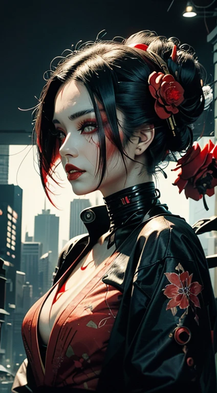 jawless cyberpunk geisha, tied up hair, red flower in the hair, black hair, red lipstick, dark makeup, hand-drawn, modernism, best quality, ultra-detailed, realistic, portraiture, vibrant colors, futuristic lighting