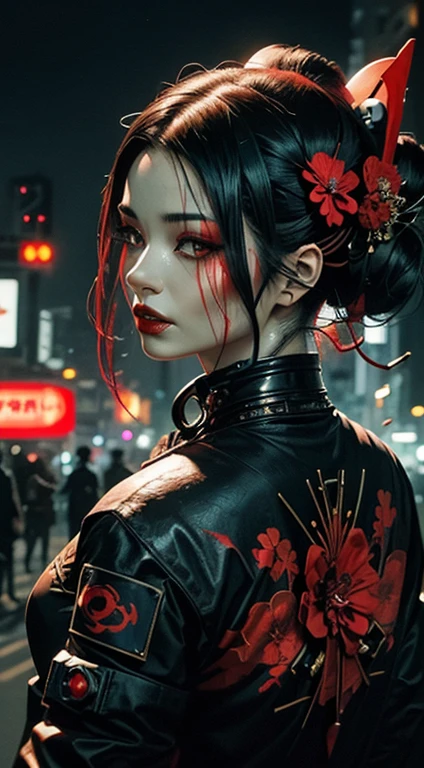 jawless cyberpunk geisha, tied up hair, red flower in the hair, black hair, red lipstick, dark makeup, hand-drawn, modernism, best quality, ultra-detailed, realistic, portraiture, vibrant colors, futuristic lighting