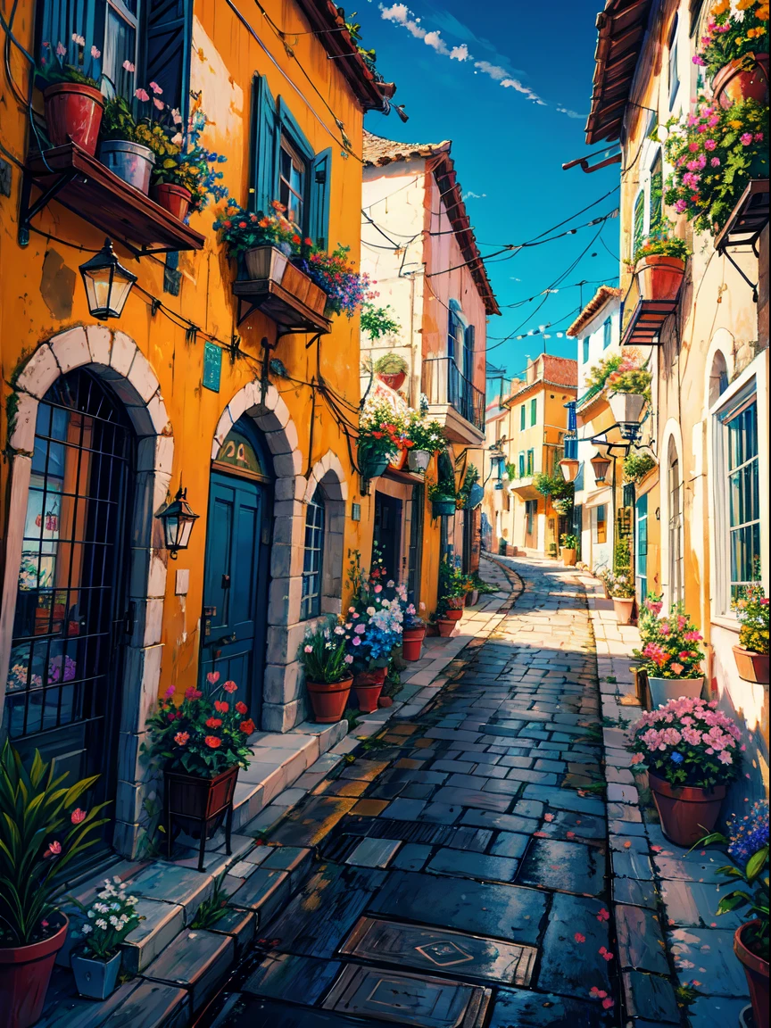 painting of a street with a flower shop , flowers, beautiful art uhd 4 k, a beautiful artwork illustration, beautiful digital painting, highly detailed digital painting, beautiful digital artwork, a bustling magical town, mediterranean fisher village, mediterranean city, detailed painting 4 k, ancient mediterranean village, very detailed digital painting, rich picturesque colors, gorgeous digital painting