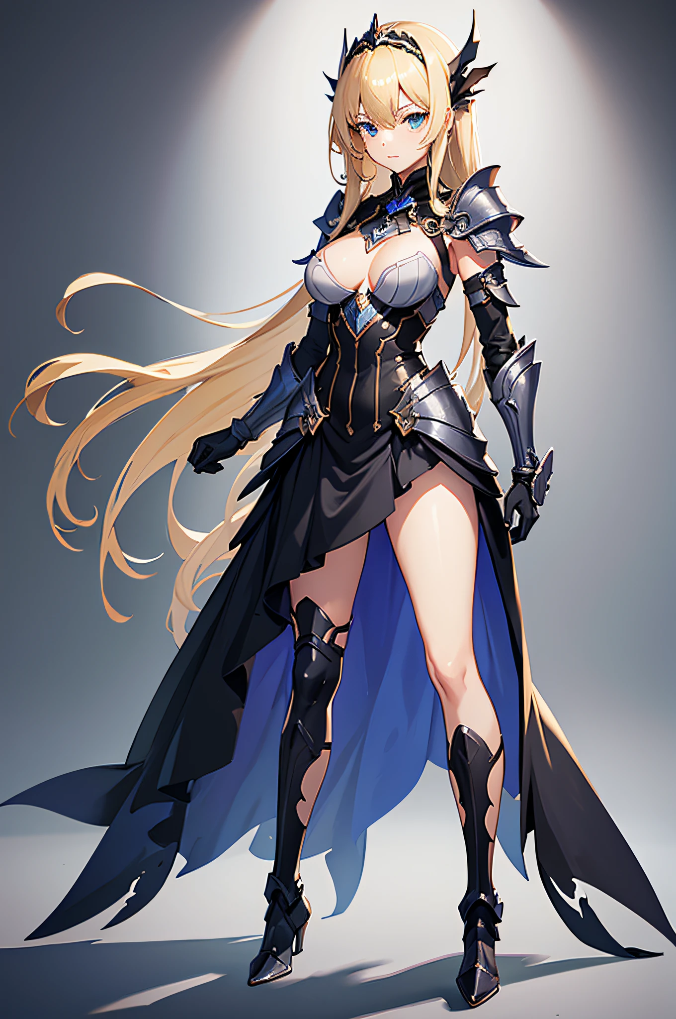 concept art, character standing painting, 1girl, solo, long hair, breasts, armor, blonde hair, openwork, full body, clothes cutout, boots, thighs, standing, gradient, gradient background, gray background, medium breasts, shoulder armor, looking at the audience, gloves, dress, armored boots, bangs, hair accessories, griffs, skirt, shut up, high heels, gloves