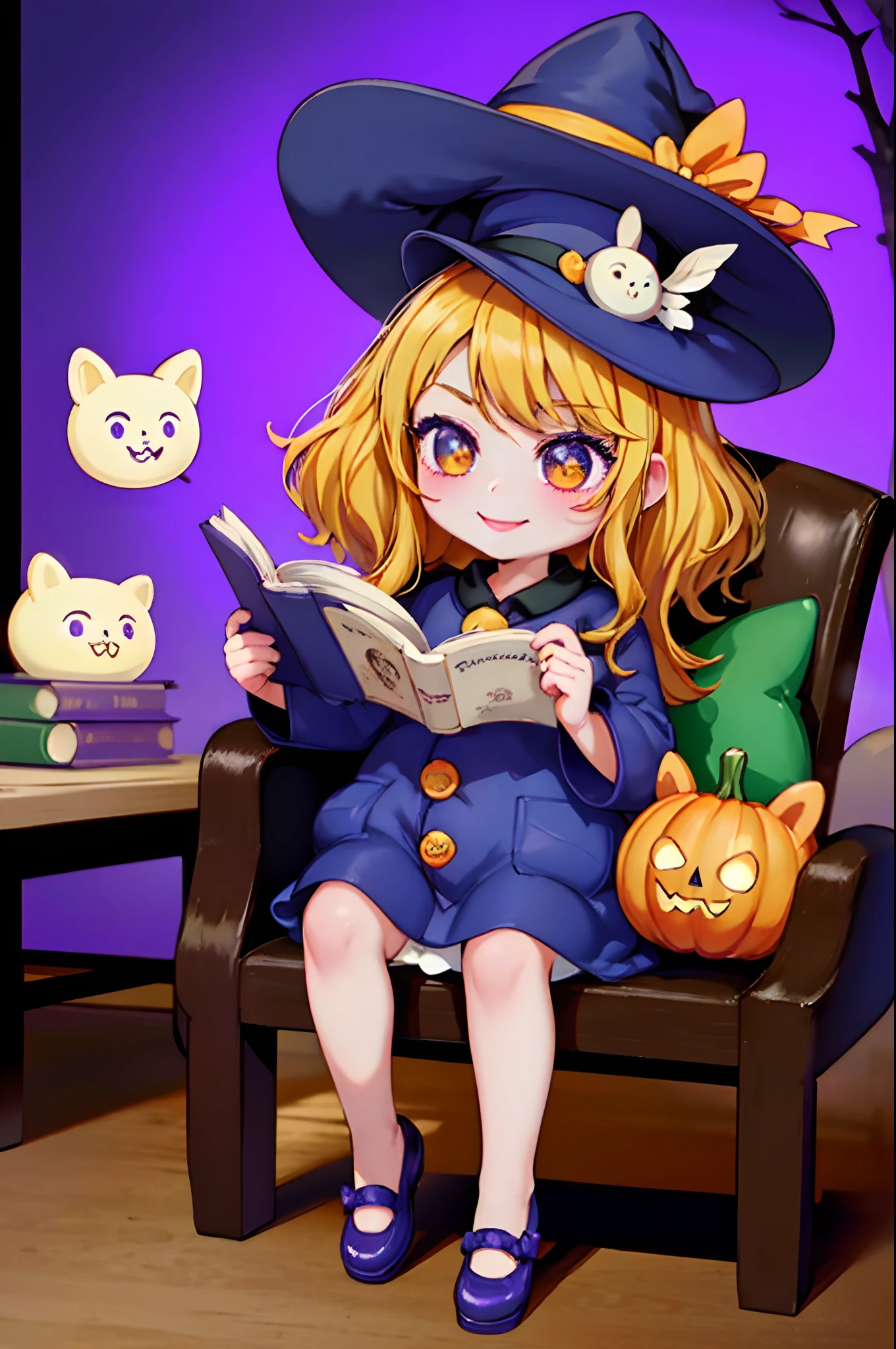 ((top-quality))、 ((masterpiece))、Cute Halloween Theme、full body Esbian、A smile、 The Wand and the Magic Book、Glamorous Hat、Halloween Accessories、Draw clothes buttons and pockets in a Halloween style、Cute shoes、sit a chair、bio luminescent、radiant light