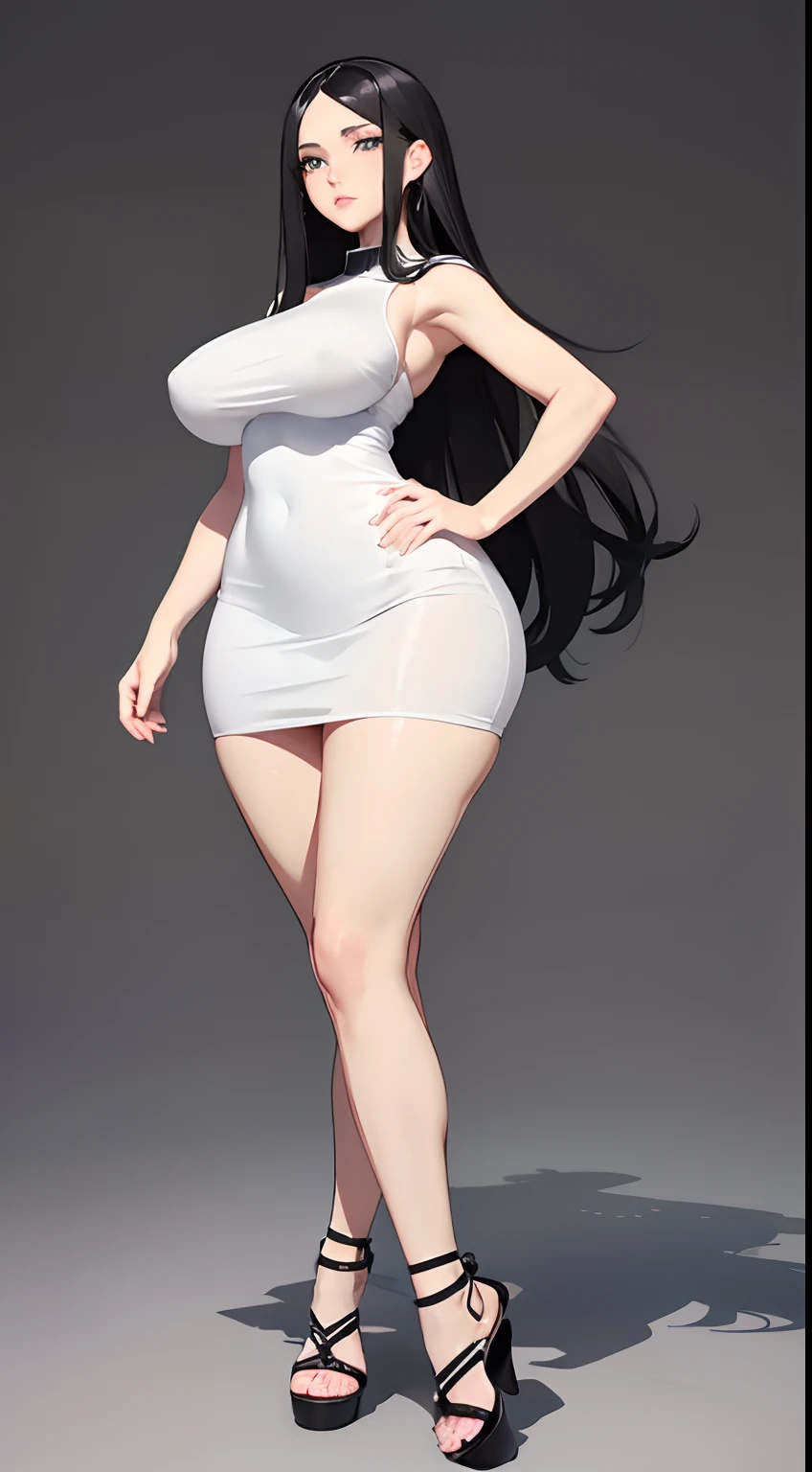 (Best quality, 8K, 12), 1 white woman, (((long black hair))), fluorescent blue eyes, bright eyes, (((full body))), giant breast, curvy, (((ultra detail face, ultra-detailed eyes))), slender eyes, ultra detailed lips, ultra detailed body, ultra detailed breast, convex areolas, (((wearing only a simple mini white dress, thick legs exposed, simple black sandals))), standing pose, enticing, milf, front view, looking the viewer, neutral gray background, sfw