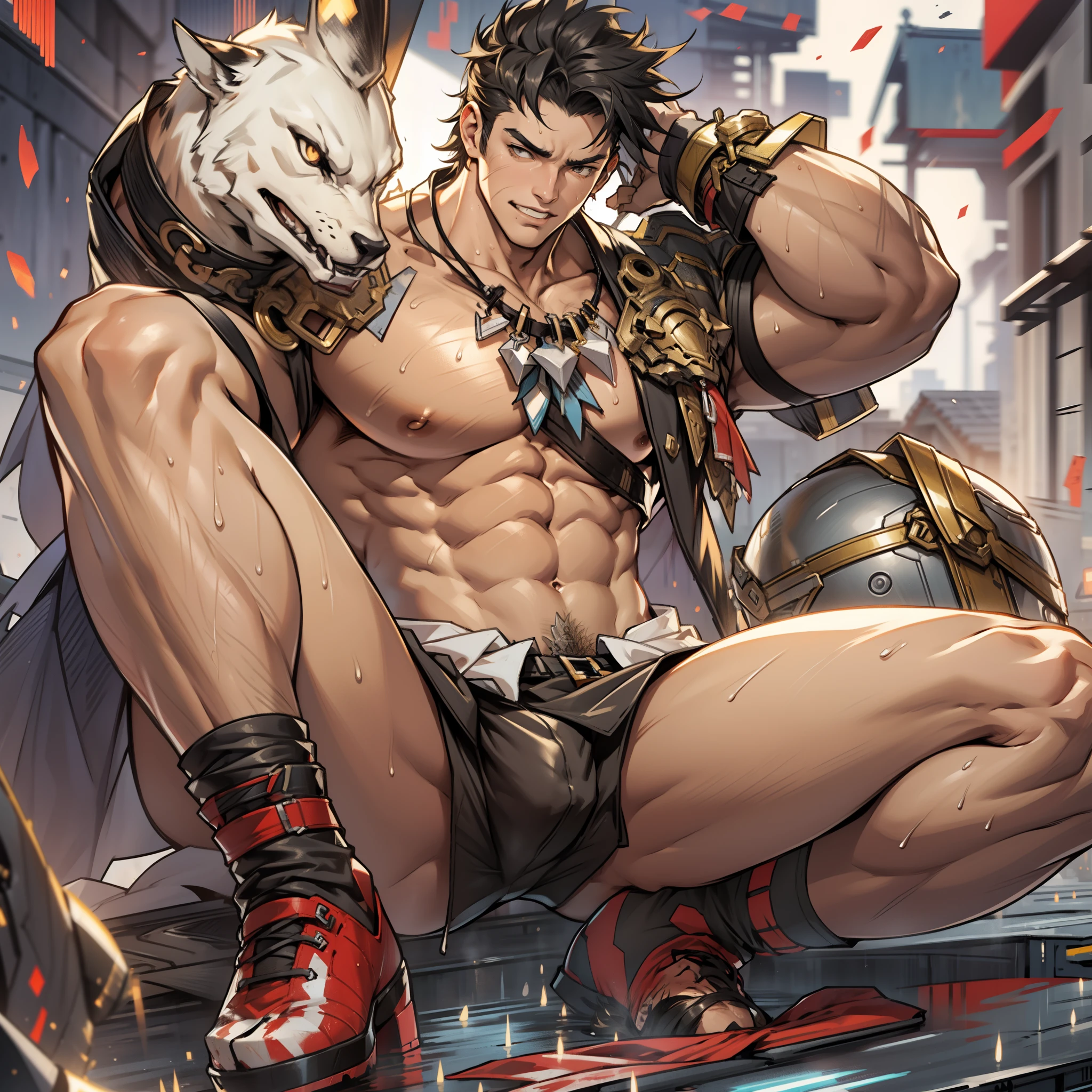 A tall muscular boy , Naked , Legs spread , impact , Sweaty , Wet , Seductive , Bigboobs , large bulge , big balls , look from down , From the knees , big assa,(The whole body of the character)mechs,punky style