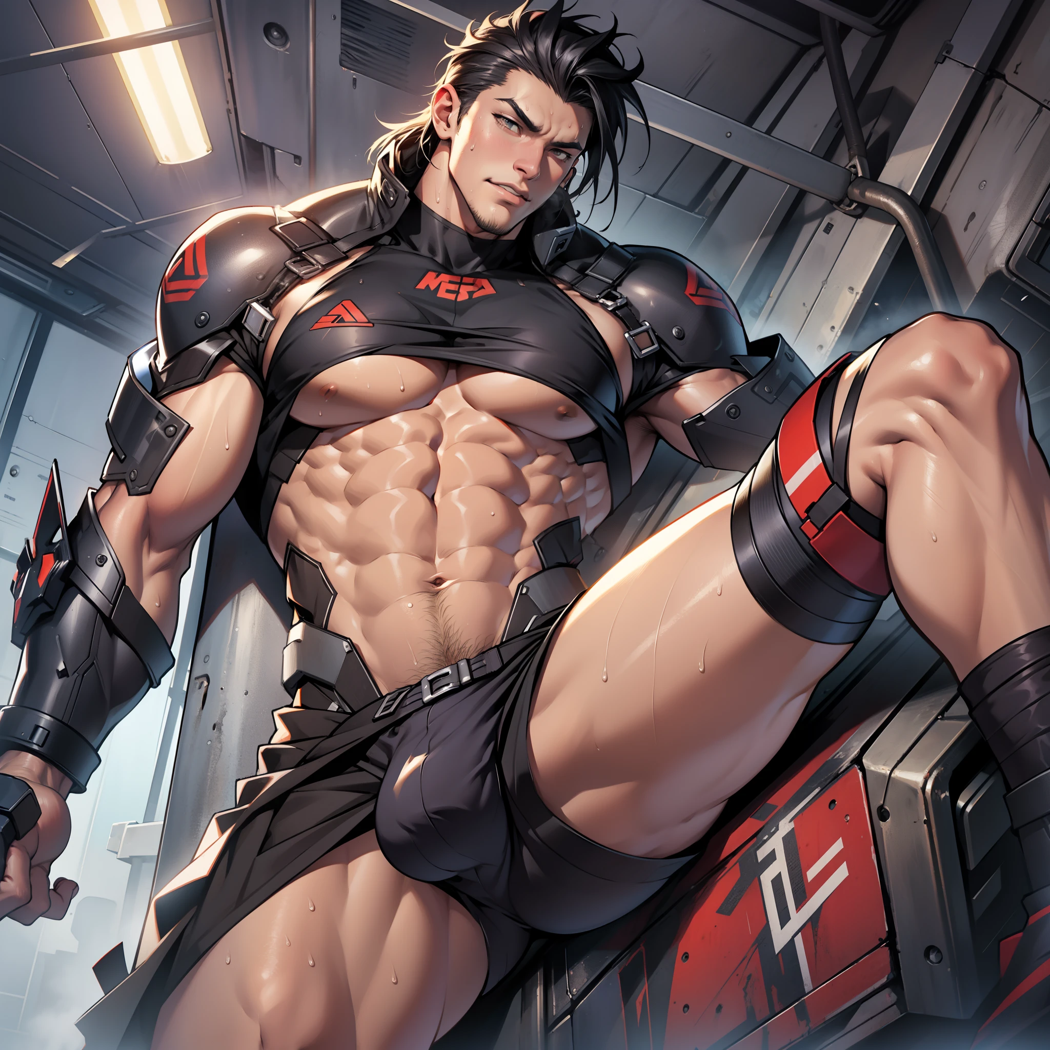 A tall muscular boy , Naked , Legs spread , impact , Sweaty , Wet , Seductive , Bigboobs , large bulge , big balls , look from down , From the knees , big assa,(The whole body of the character)mechs,punky style