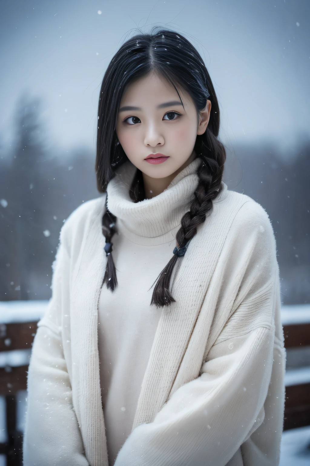 (in 8K、top-quality、masutepiece、超A high resolution:1.2) 、(Cold style:1.1) 、(Gloomy winter snow:1.4) 、beautfull Japanease woman、25-years old、long、Winter costume、professional photograpy、artistic、kou、