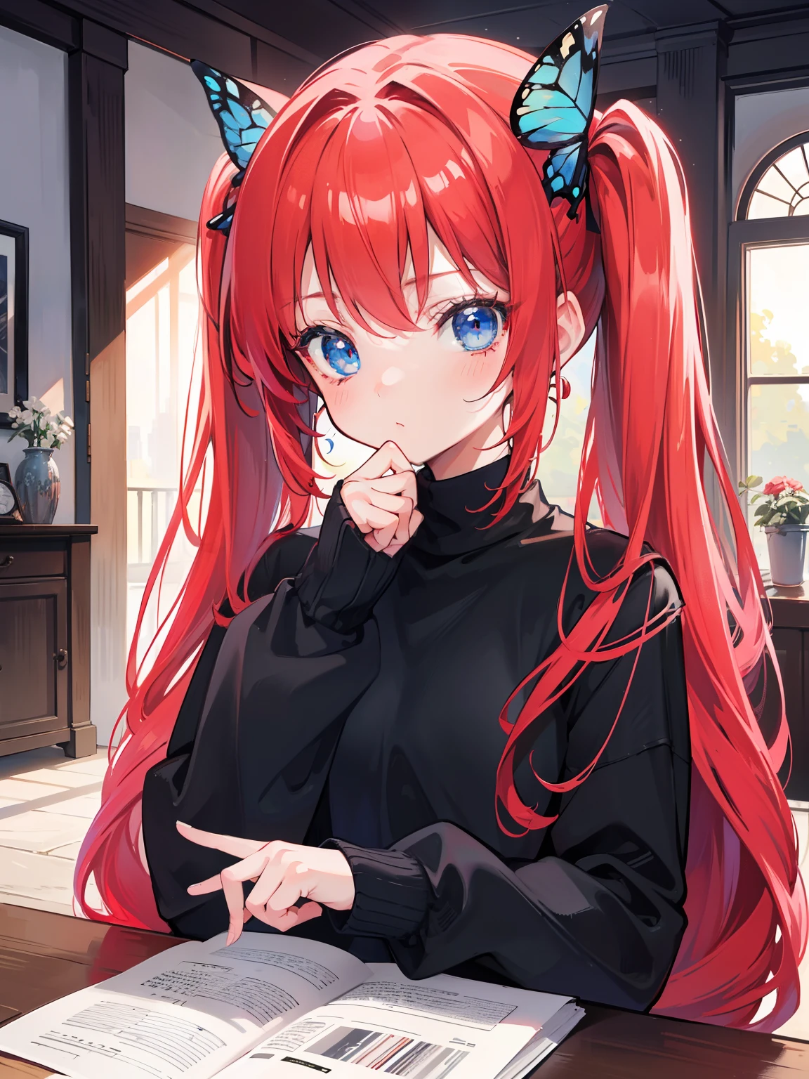 {{best quality}}, {{masterpiece}}, {{ultra-detailed}}, {illustration}, {detailed light}, red hair, blue eyes, girl,  girl, butterfly, sweater, long sleeve, black sweater,Twintails,loli,cute,Kawaii