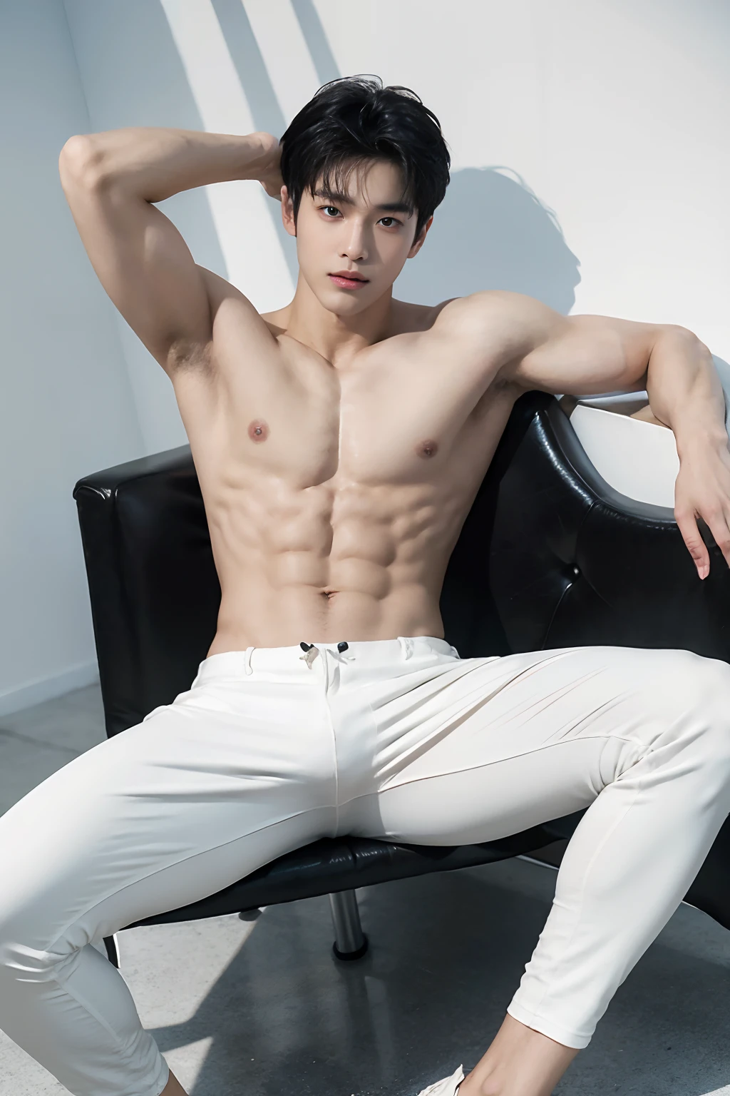 ung Man,handsome,musculine,The body is shaggy,Wear white trousers....,Slim tights(detailed eyes:1.3),topless,Nudity all over,Black eyes,Large bulge,Esbian Full Body,
