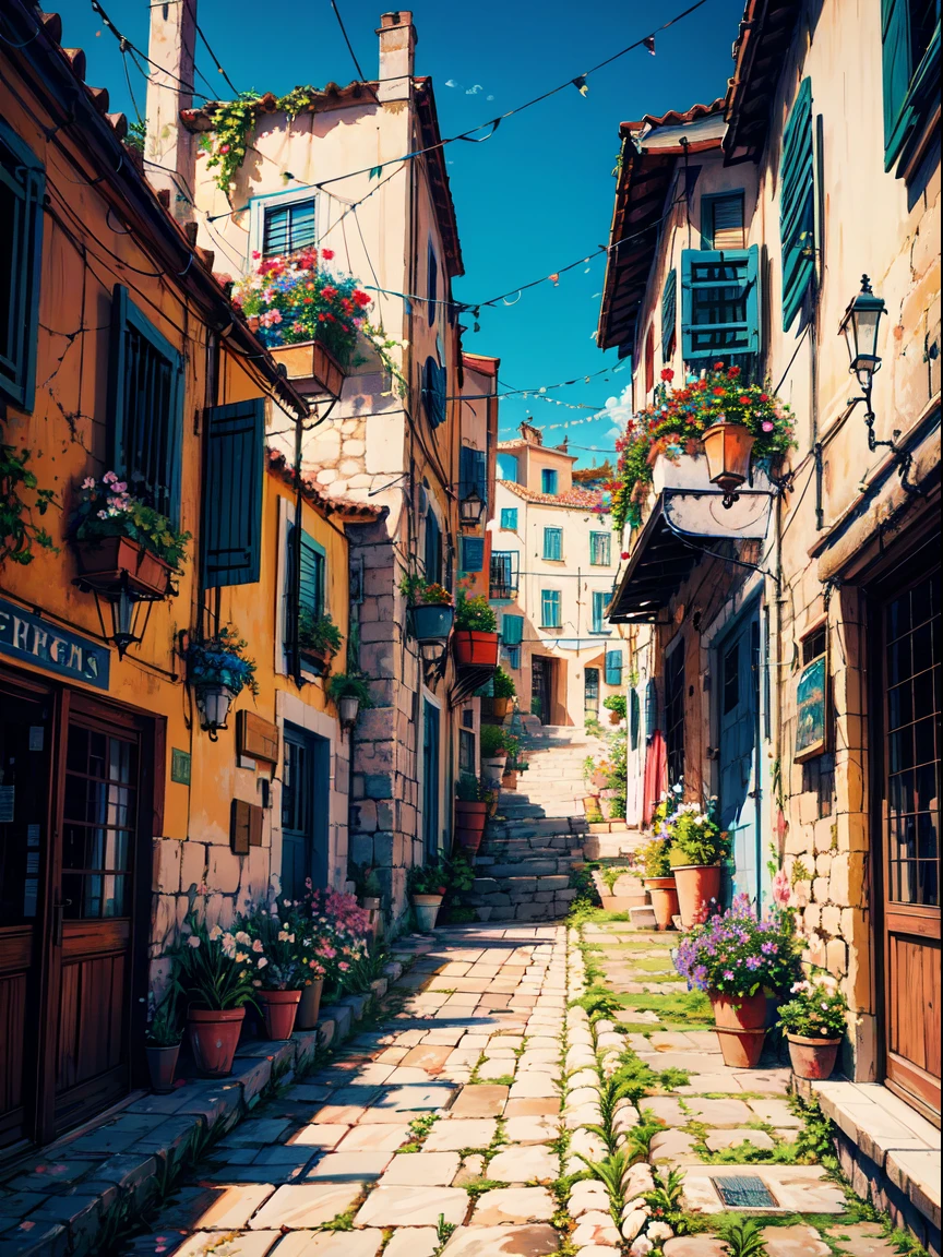 painting of a street with a flower shop , flowers, beautiful art uhd 4 k, a beautiful artwork illustration, beautiful digital painting, highly detailed digital painting, beautiful digital artwork, a bustling magical town, mediterranean fisher village, mediterranean city, detailed painting 4 k, ancient mediterranean village, very detailed digital painting, rich picturesque colors, gorgeous digital painting