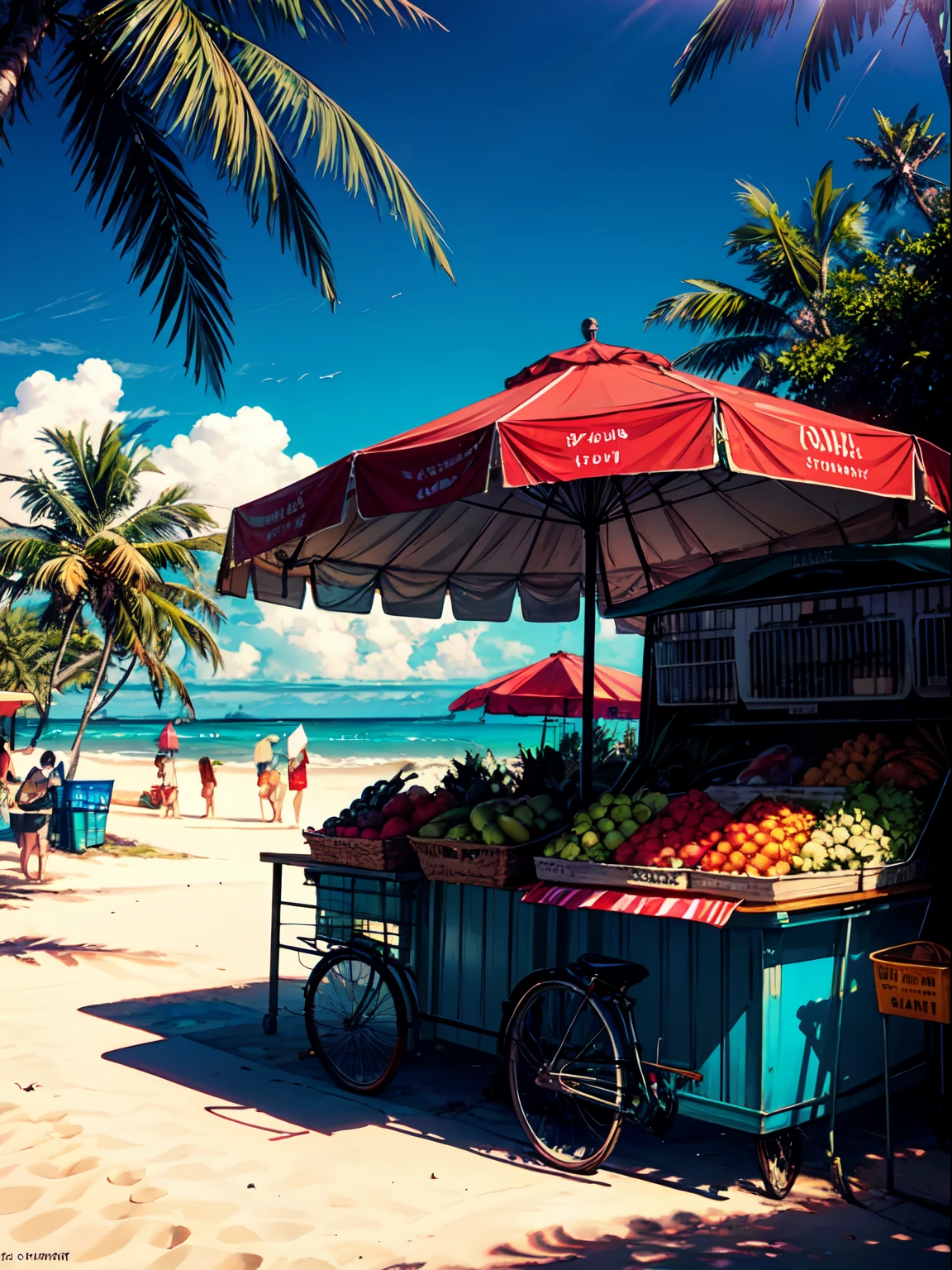 beach sunset, vibrant colors, cheerful atmosphere, soft lighting, realistic details, sparkling ocean waves, palm trees, seagulls flying, sandy shores, fruit stands, tropical fruits, bustling crowd, lively music, tropical paradise vibes, warm breeze, mouthwatering aromas, vintage architecture, vibrant market stalls, fresh produce, friendly vendors, colorful umbrellas, shaded seating areas, nostalgic vibes. (best quality, vivid colors, realistic:1.37), (beachscape, tropical, market scene, vintage architecture), (soft lighting, warm tones)