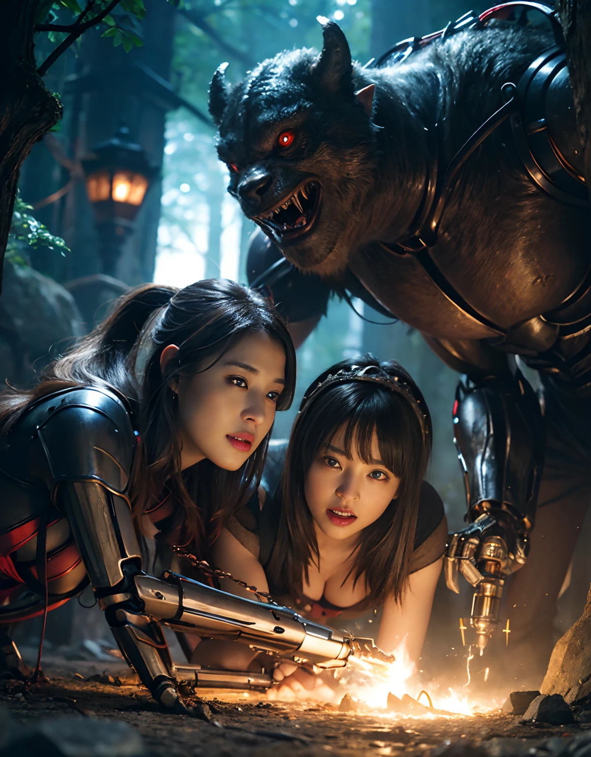 (1 Mechanical Girl)、top-quality、masterpiece、超A high resolution、(Photorealsitic:1.4)、Raw photo、女の子1人、Fight mutants、glowy skin、(((1 Mechanical Girl)))、With a beautiful knife、(Red Metal Bodysuit)、(Fight goblings、ogre、Fierce battle with orcs),(Fight fiercely against aliens)、Fight fiercely、(beautiful forest background)、(Fighting Demonic Beasts)、(Small LED)、((super realistic details))、portlate、(Strong giant demon beast background),globalillumination、Shadow、octan render、8K、ultrasharp、Colossal tits、Raw skin is exposed in cleavage、metals、Details of complex ornaments、Japan details、highly intricate detail、Realistic light、(Mystical expression),CGSoation Trends、Blue eyes、radiant eyes、Facing the camera、neon details、(Mechanical limbs)、(blood vessels connected to tubes)、(Wires and cables connecting to the head)、Small LED、,Mechanical thighs、Toostock、(Hands are also made of machines)、(Attack of the Monster Beasts)、