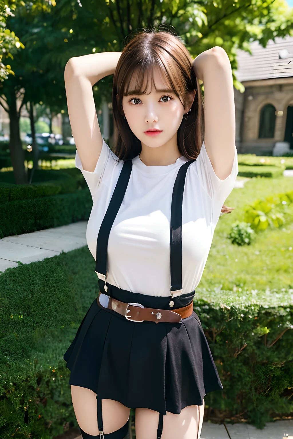 masterpiece、flat-colors、depth of fields、lens flare 1 girl、、Brown hair、watching at viewers black suspenders bulging big breasts Armpit sweat perspiring Side of both hands walls: Black miniskirt garterbelts Gaze Small face Bangs Upper Eyes flank Rat-colored eyes holster Belt Cutter Shirt