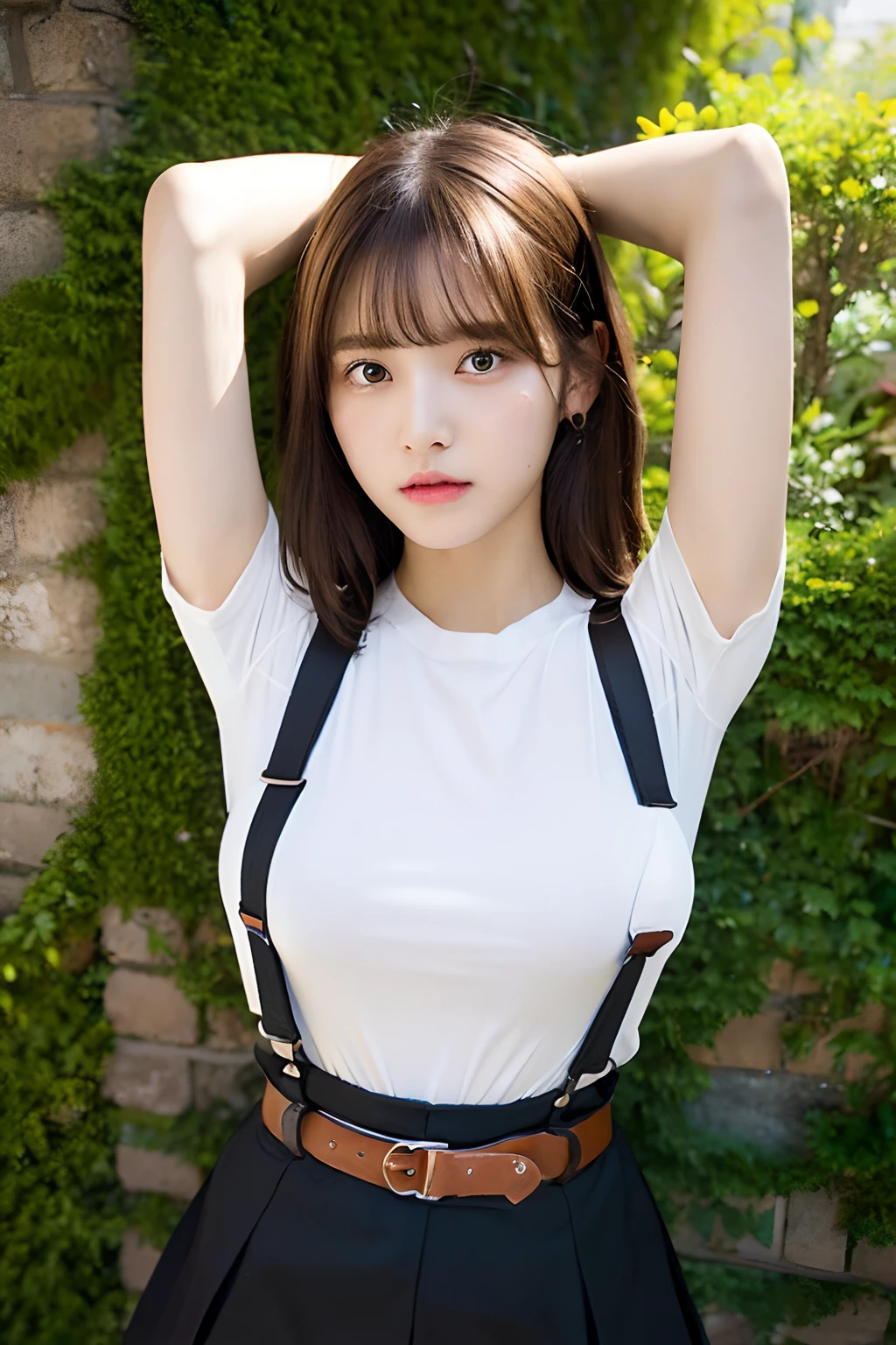 masterpiece、flat-colors、depth of fields、lens flare 1 girl、、Brown hair、watching at viewers black suspenders bulging big breasts Armpit sweat perspiring Side of both hands walls: Black miniskirt garterbelts Gaze Small face Bangs Upper Eyes flank Rat-colored eyes holster Belt Cutter Shirt
