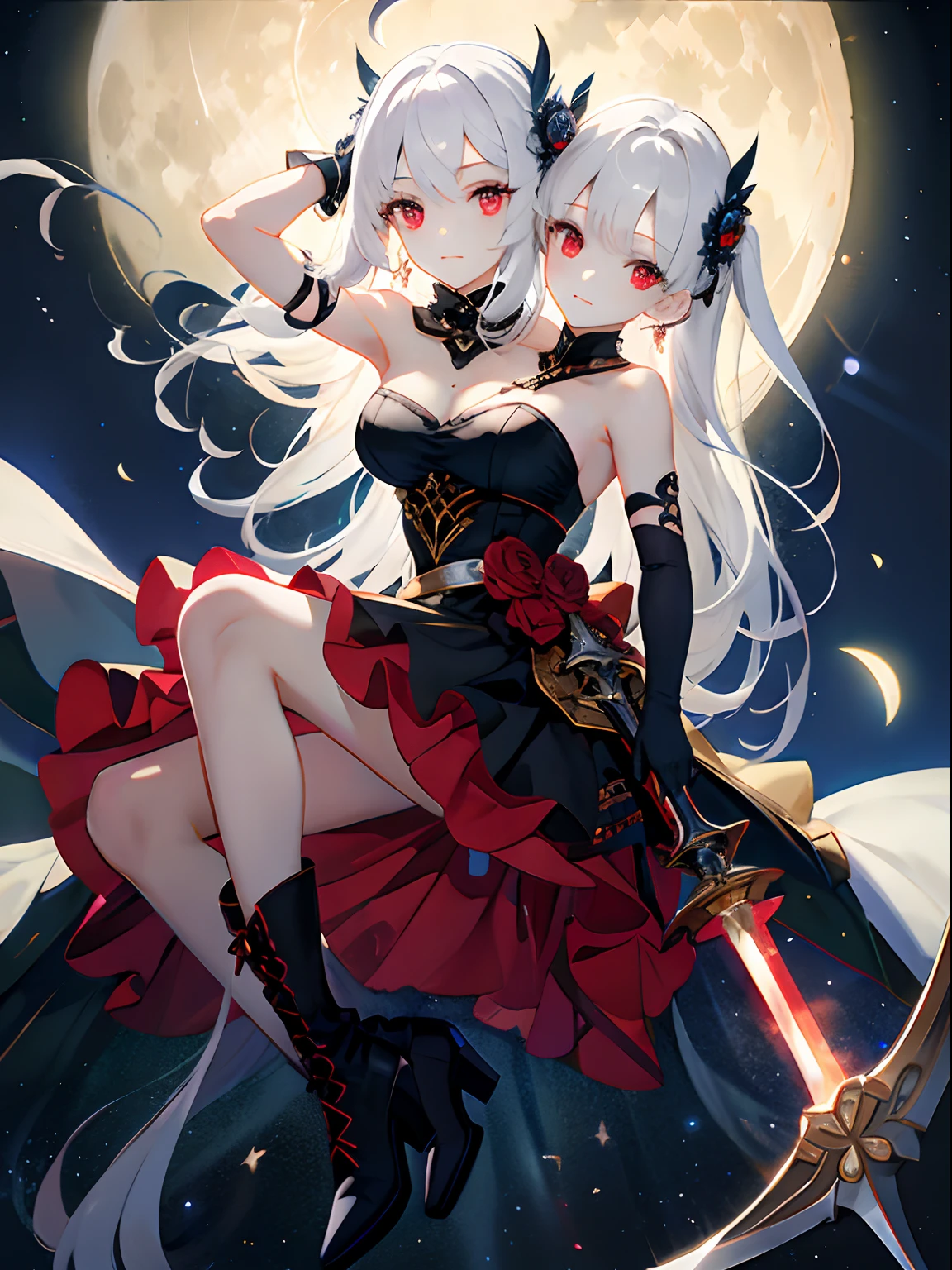 (masterpiece, best quality), best resolution, (2heads:1.5), 1girl, jingliu, long hair, bangs, dress, bare shoulders, white hair, hair ornament, solo, looking at viewer, red eyes, gloves, dress, holding, bare shoulders, closed mouth, weapon, boots, sky, black gloves, sword, holding weapon, night, holding sword, moon, night sky, full moon,