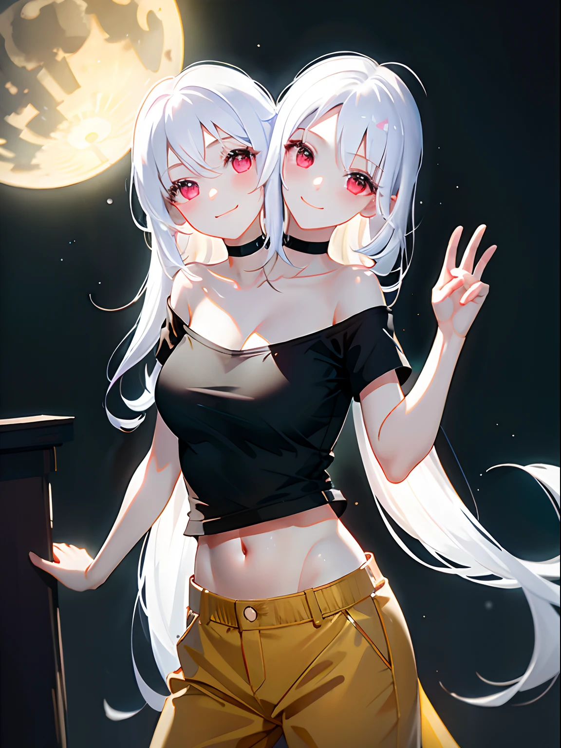 (masterpiece, best quality), best resolution, (2heads:1.5), 1girl, jingliu, ghost, translucent body, shy, white hair, shy smile, black t-shirt, tan pants, waving at the viewer, at night, moonlight, dark environment