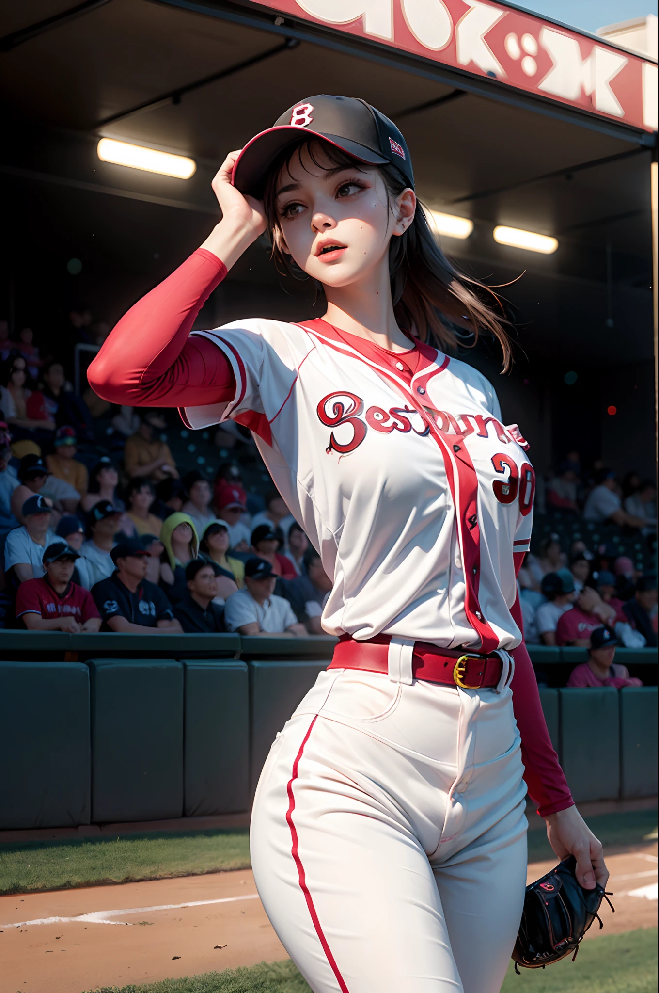 (Details of a very beautiful face), (Best quality:1.4), 8K resolution, high resolution, 1womanl, Beautiful woman, The best beauty, Super beautiful detail face, Smooth skin, Beautiful eyes that are not meticulous, Fine skin texture, Gloss on lips, parted lip, Japanese, Baseball Uniforms, baseball cap,, Large breasts, Thin waist, big assa, Play baseball, baseball stadium, full of sweat, Splashes of sweat, sport, Leaping, Dynamic pose,