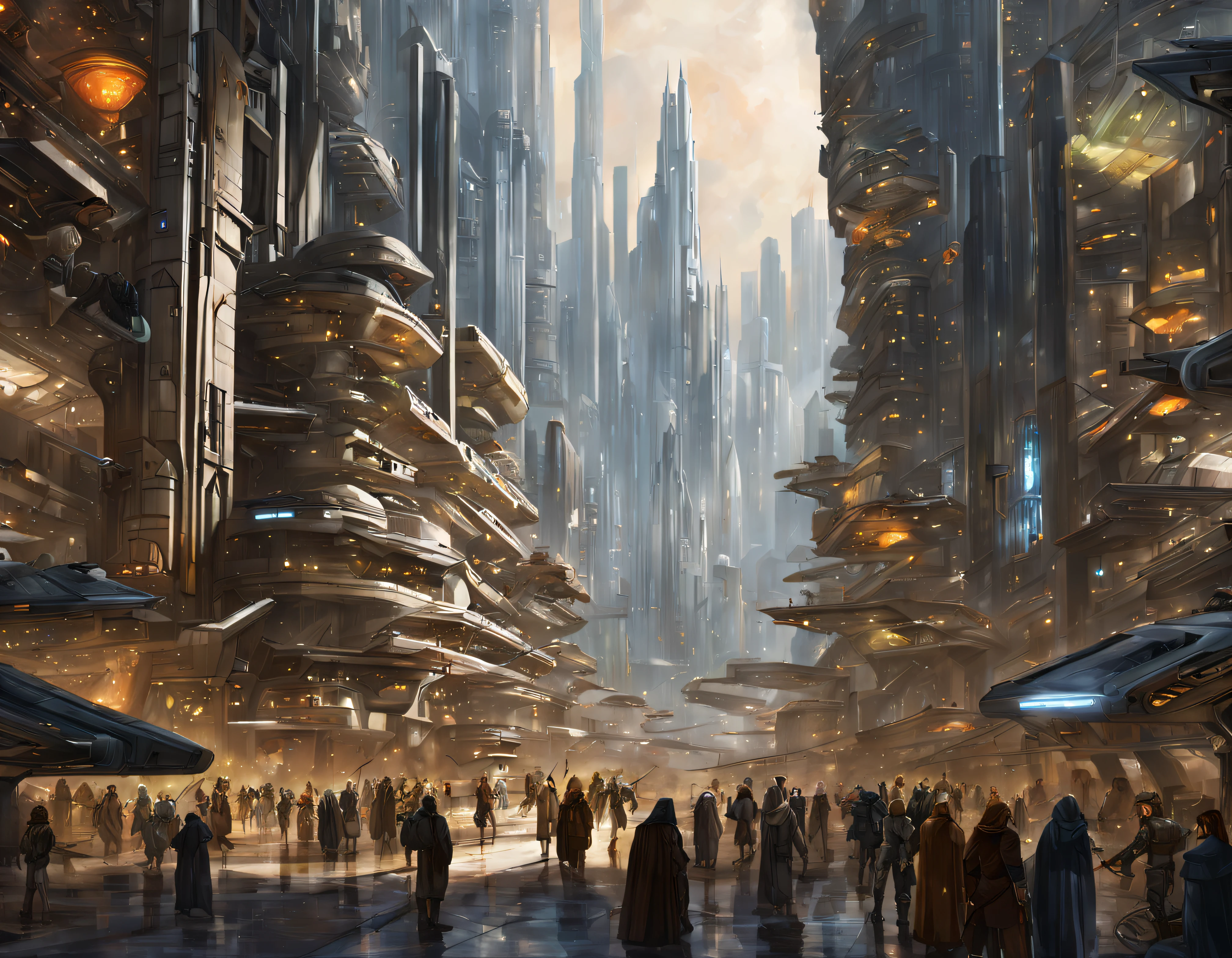 The city of Coruscant from Star Wars as designed by Doug Chiang, futuristic fantasy city with immense buildings of technological design (que forman una avenida infinita), edificios compactor no difuminados, con estructuras acristaladas en plata, oro y bronce espectaculares, (con colores vivos). pavimento ensolado (sin brillo). gente paseando. imagen bien definida con muchos edificios juntos. imagen nitida bien definida 8k. los edificios llegan alta el fondo.,8k. imagen cinematografica.