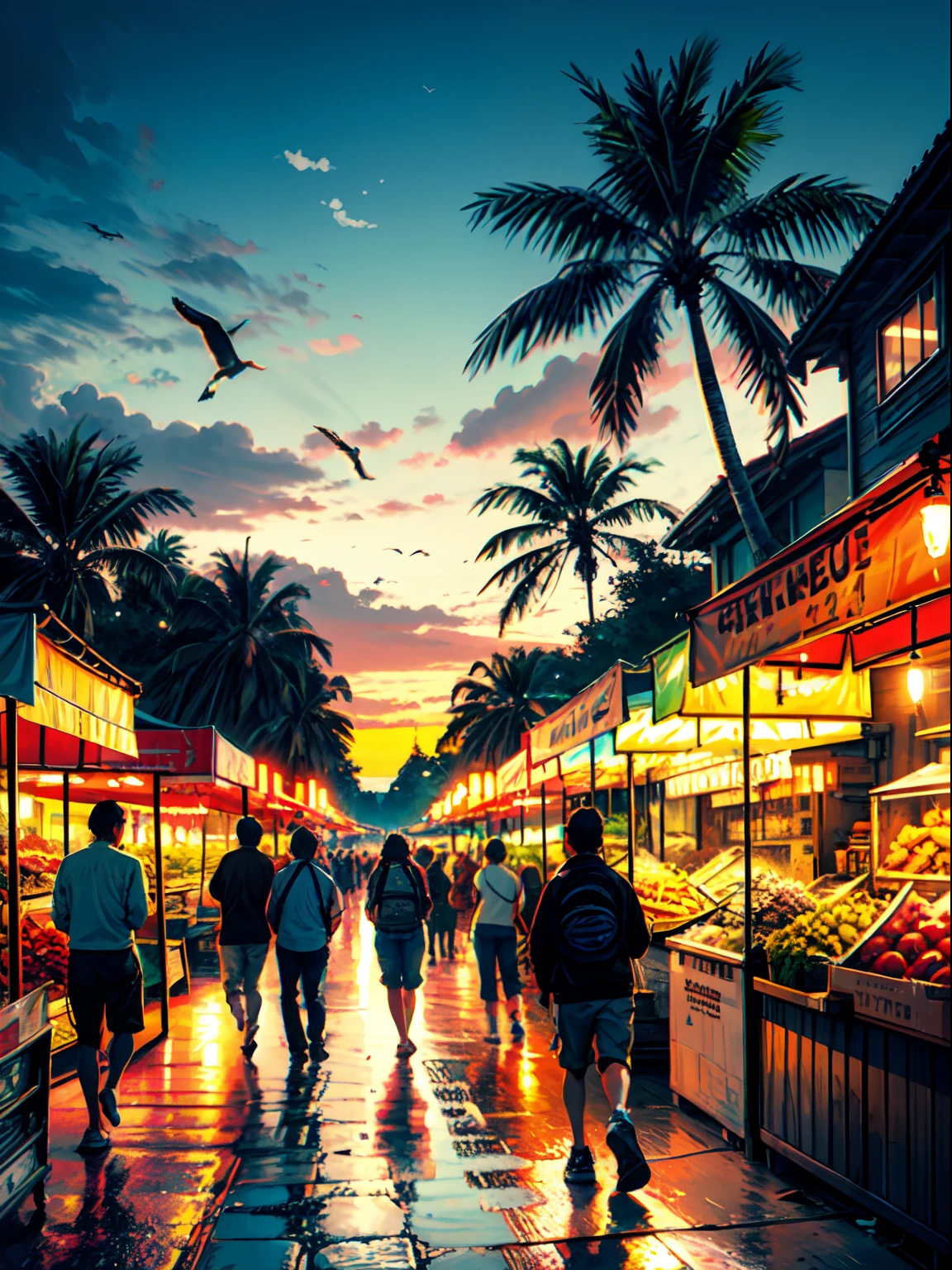 beach sunset, vibrant colors, cheerful atmosphere, soft lighting, realistic details, sparkling ocean waves, palm trees, seagulls flying, sandy shores, fruit stands, tropical fruits, bustling crowd, lively music, tropical paradise vibes, warm breeze, mouthwatering aromas, vintage architecture, vibrant market stalls, fresh produce, friendly vendors, colorful umbrellas, shaded seating areas, nostalgic vibes. (best quality, vivid colors, realistic:1.37), (beachscape, tropical, market scene, vintage architecture), (soft lighting, warm tones)