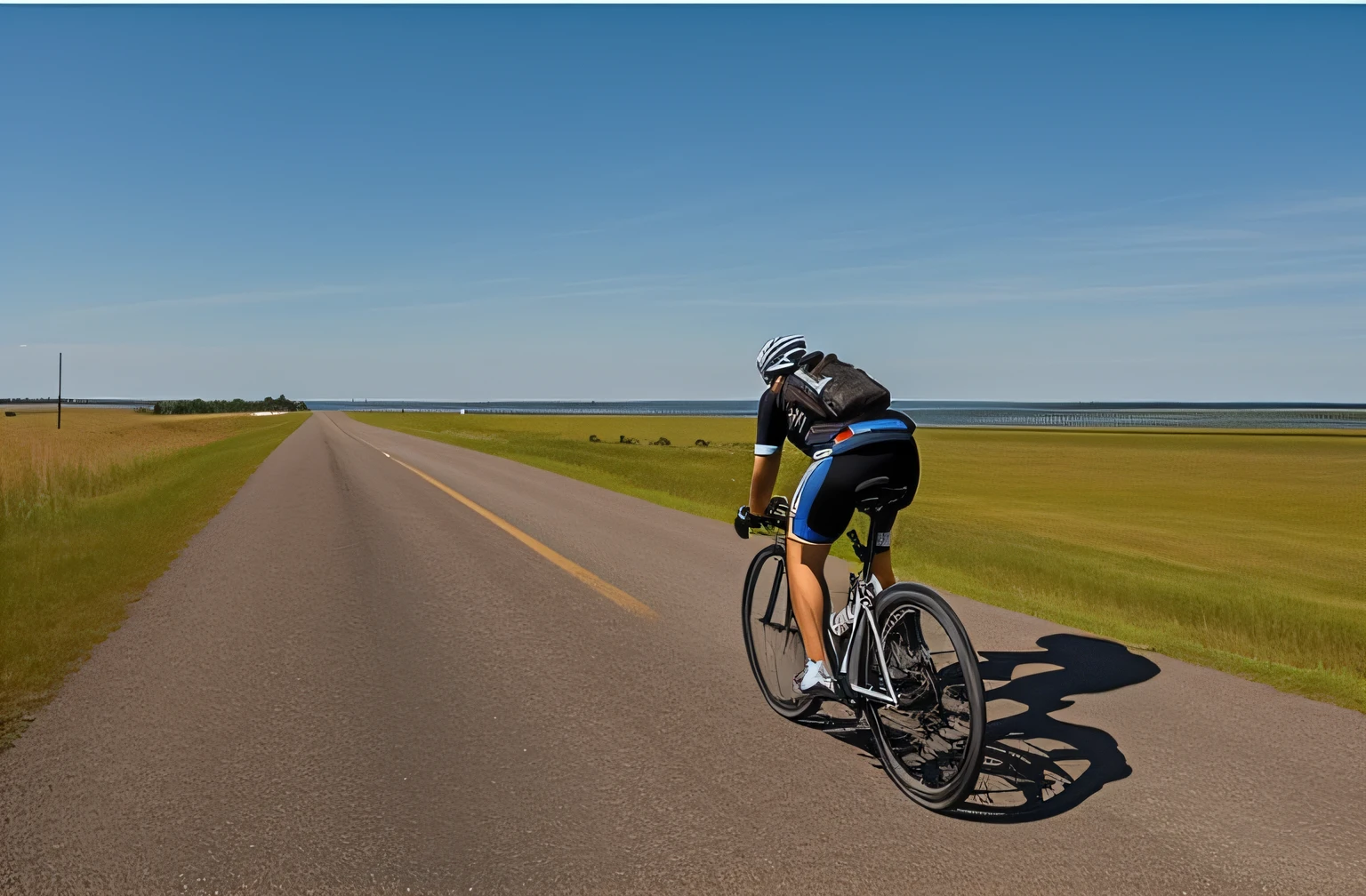There was a man riding a bicycle on the road by the water, riding on the road, Wide field of view, Riding, Wide greenways, plain stretching into distance, Hoffman Bike Tour, instagram photo, author:Joe Stefanelli, Trail the horizon, wide long shot, author:Jan Tennagel, long shot from back, long shot from back, Long road