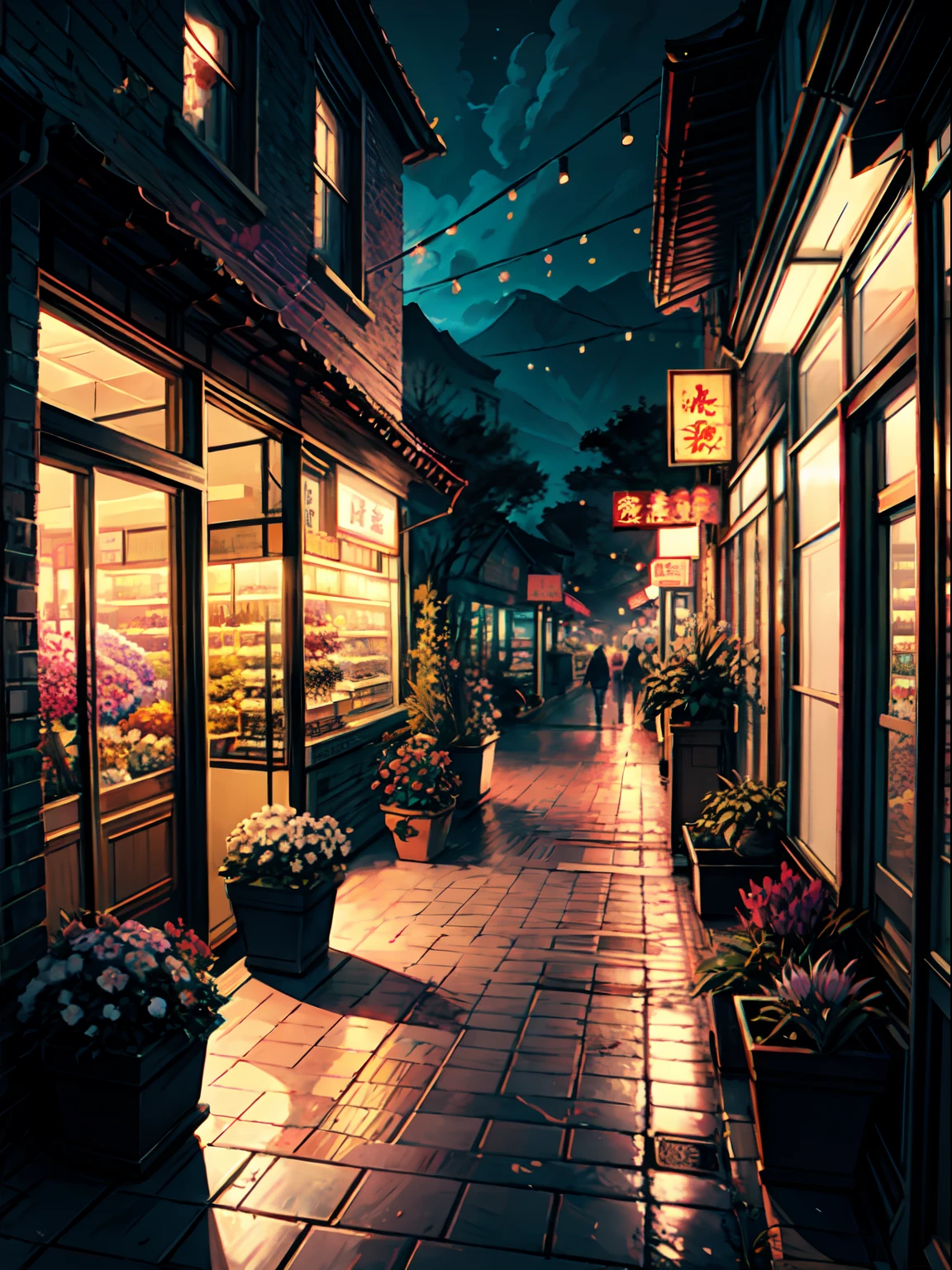 there is a store with many plants and flowers on the outside, high detailed store, flower shop scene, by Yang J, anime background art, convenience store, by Kamagurka, pleasant cozy atmosphere, by Ni Yuanlu, detailed scenery —width 672, magic shop, high detailed), dreamy atmosphere, by Arthur Pan, highly detailed scene